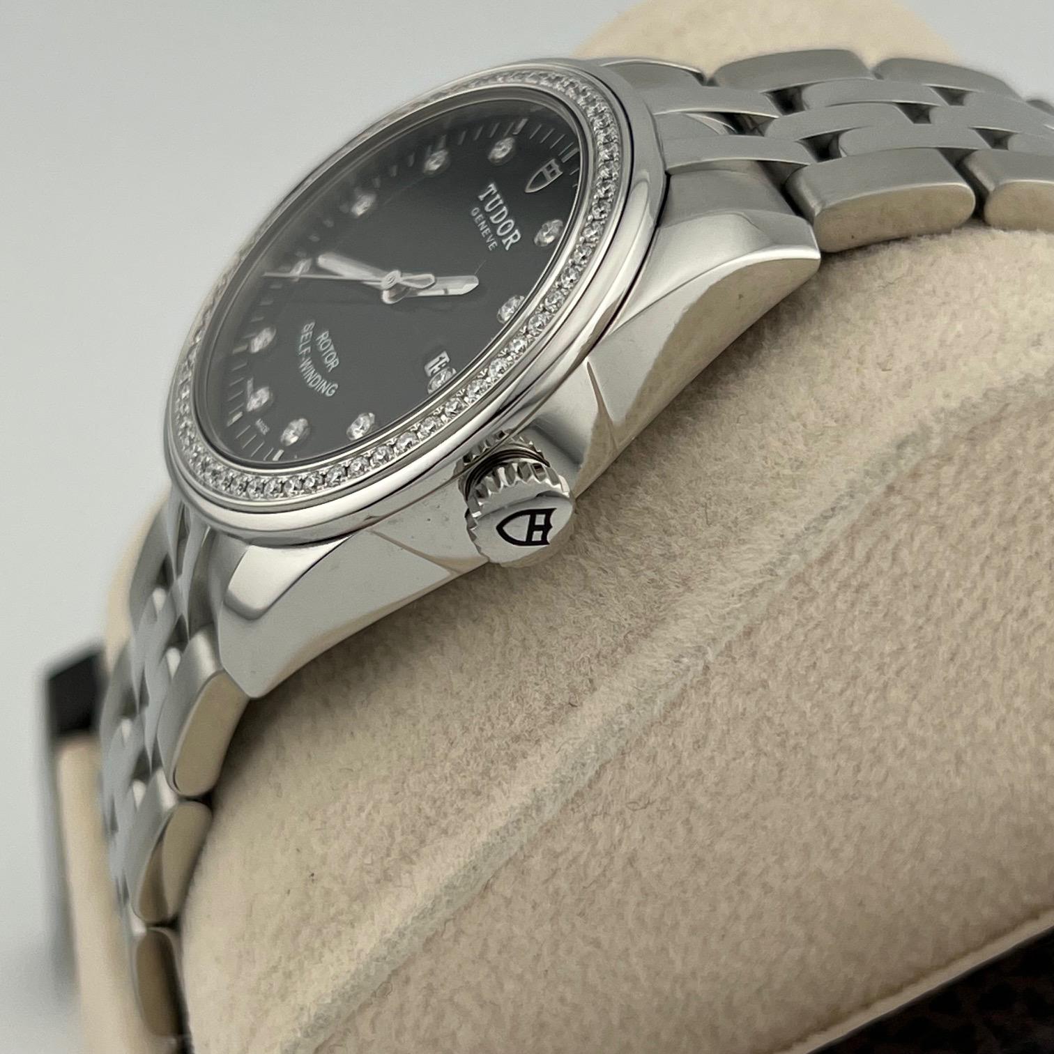 Tudor Glamour Date 53020 31mm Quadrante di fabbrica con diamanti Lunetta con diamanti Scatola con documenti in vendita 6