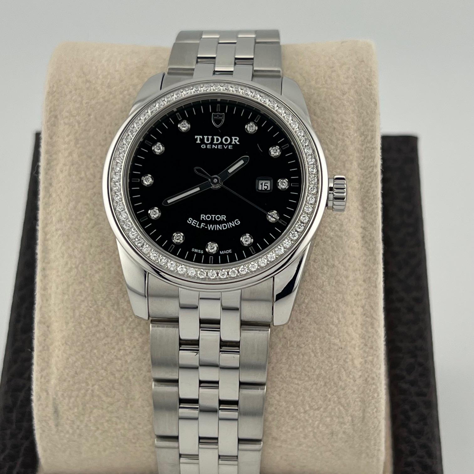 Tudor Glamour Date 53020 31mm Quadrante di fabbrica con diamanti Lunetta con diamanti Scatola con documenti in vendita 7
