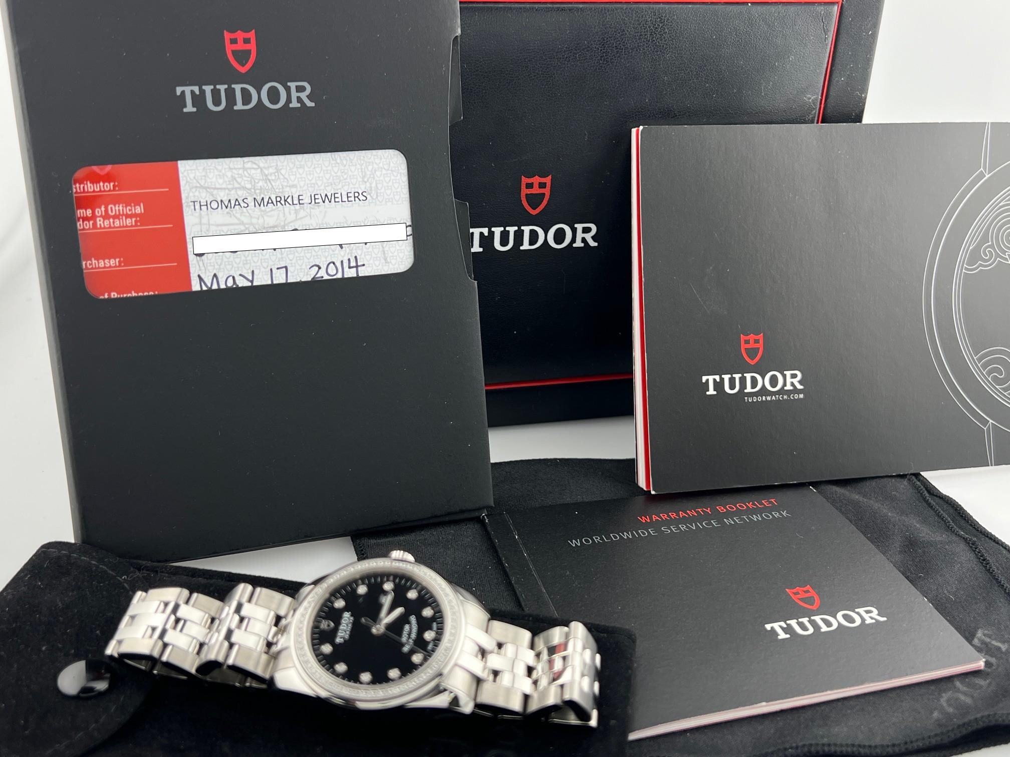 Tudor Glamour Date 53020 31mm Quadrante di fabbrica con diamanti Lunetta con diamanti Scatola con documenti In condizioni ottime in vendita a San Diego, CA