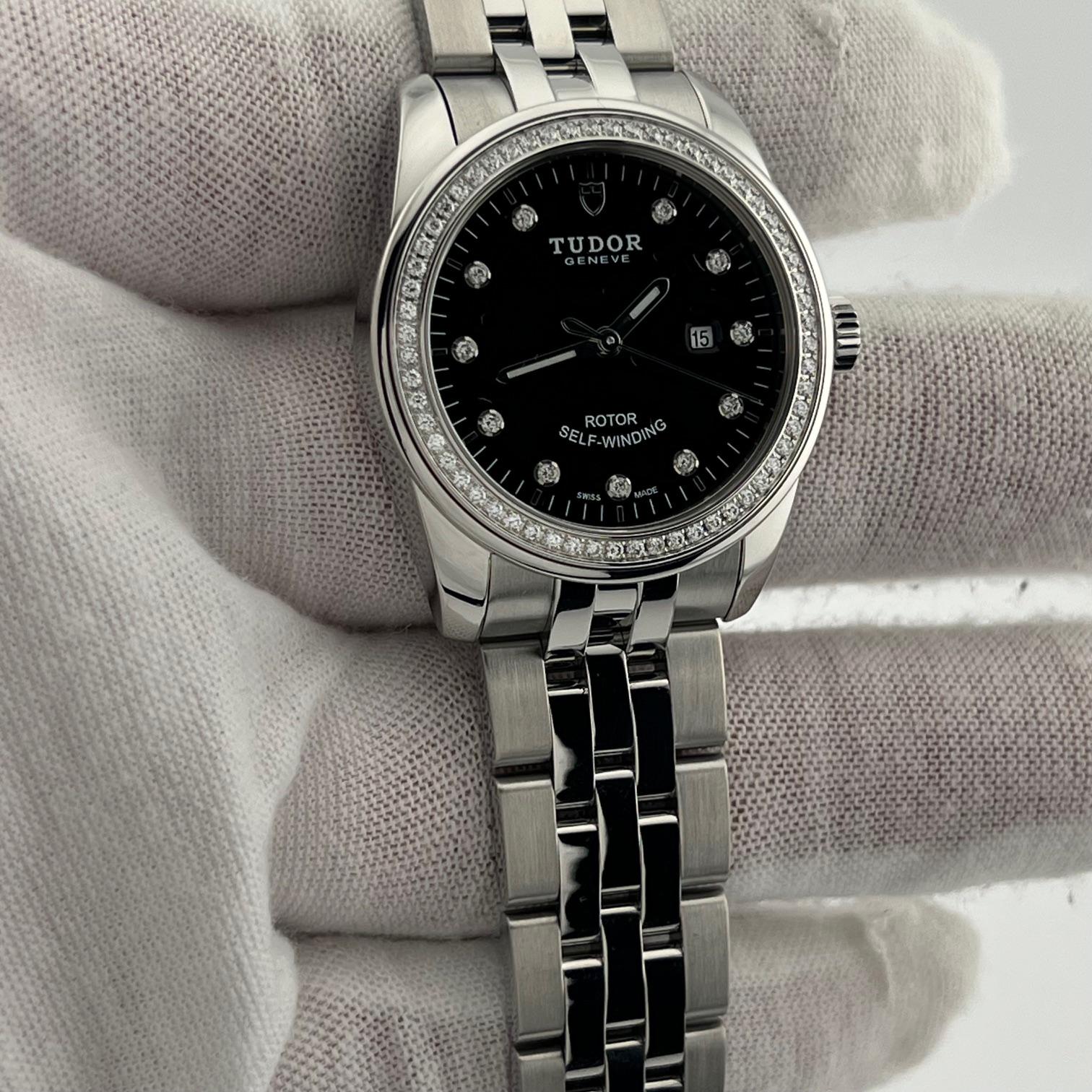 Donna Tudor Glamour Date 53020 31mm Quadrante di fabbrica con diamanti Lunetta con diamanti Scatola con documenti in vendita