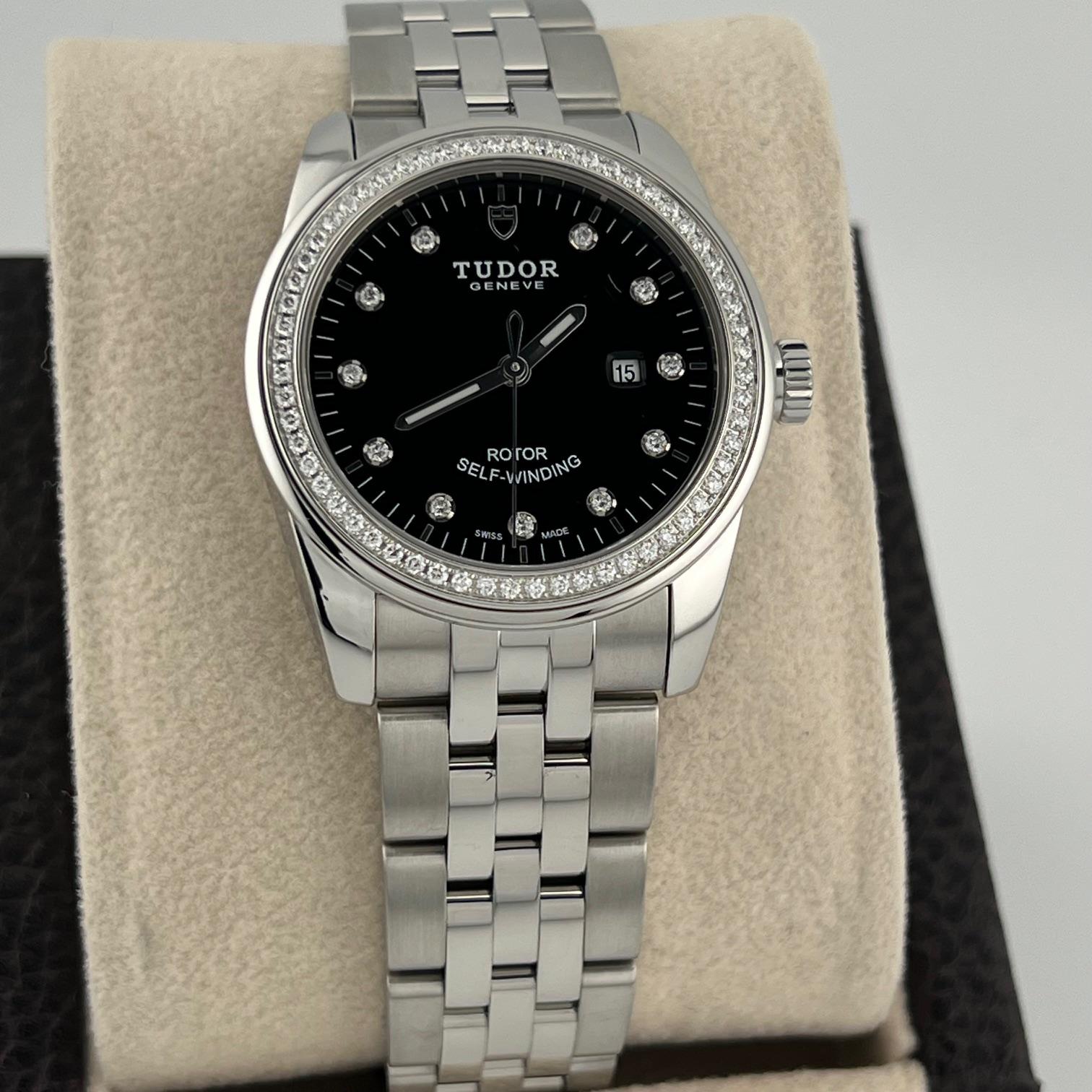 Tudor Glamour Date 53020 31mm Quadrante di fabbrica con diamanti Lunetta con diamanti Scatola con documenti in vendita 2