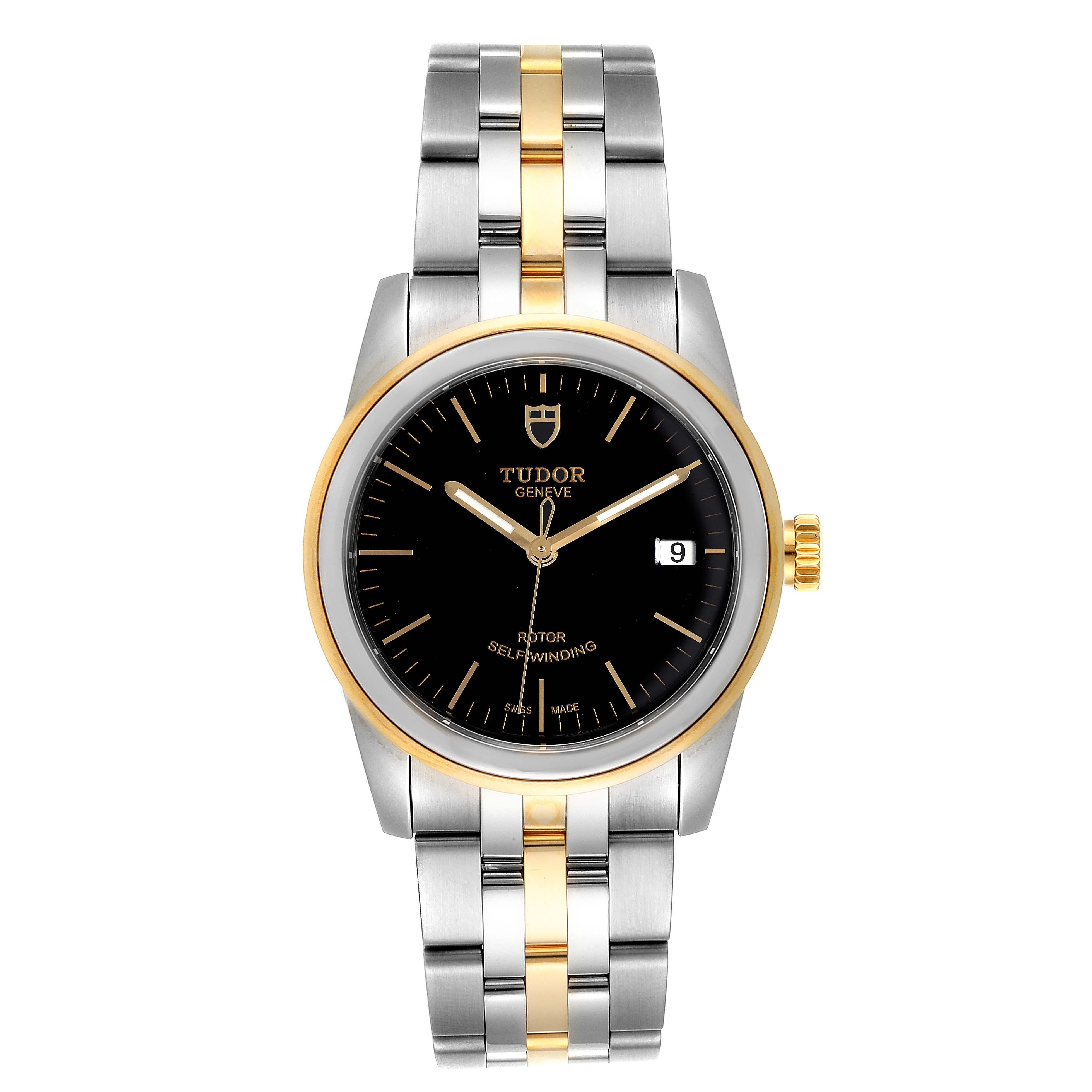 Tudor Glamour Date Black Dial Steel Yellow Gold Mens Watch 55003 Unworn. Automatic self-winding movement. Stainless steel and yellow gold round case 36.0 mm in diameter. Tudor logo on a crown. Stainless steel and yellow gold smooth double bezel.