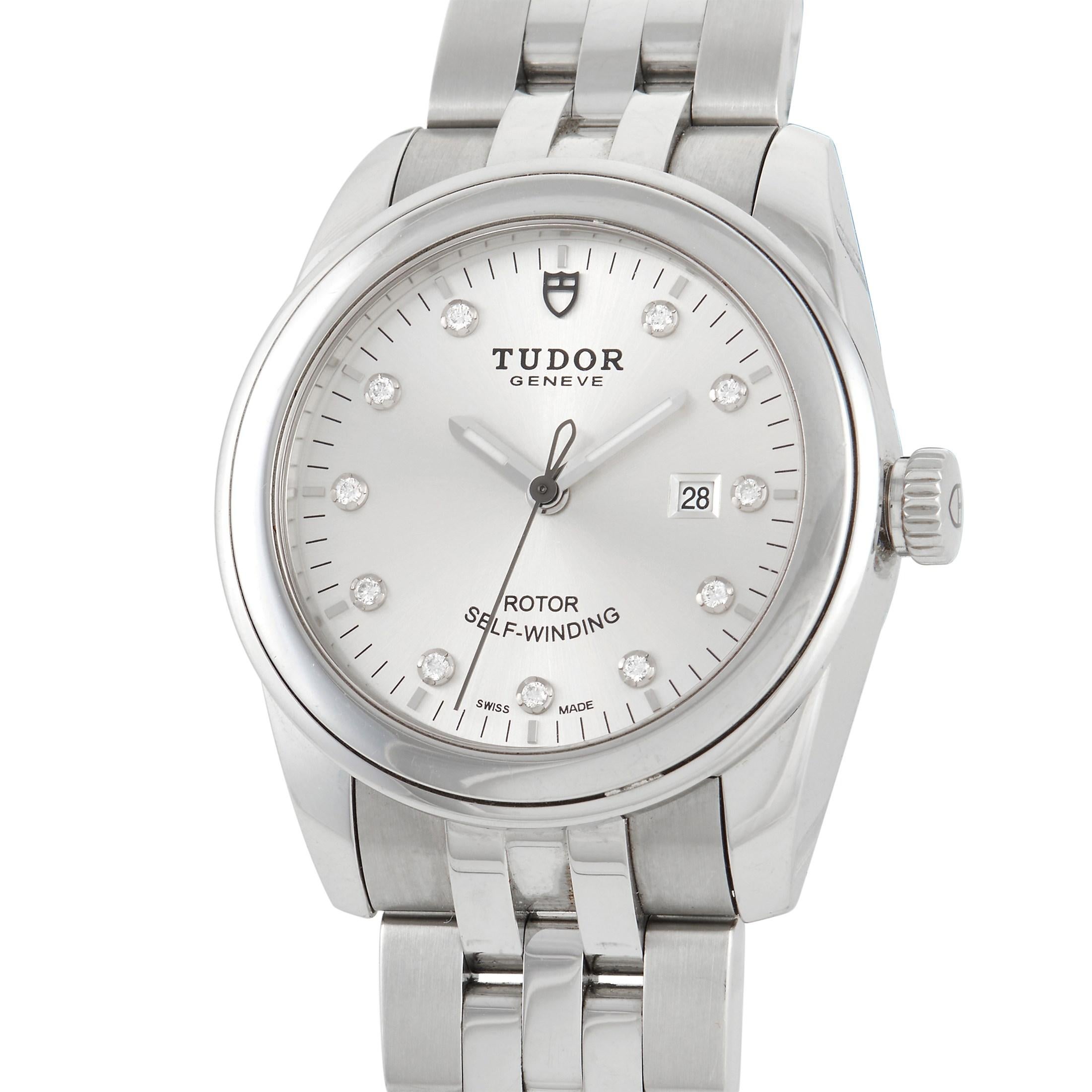 For the lady who seeks an extra touch of sophistication in her timepiece, the Tudor Glamour Date Silver Diamond Dot Khanjar Ladies Watch 53000 is an ideal choice.  This watch features a 31 mm polished steel case with polished steel double bezel. It