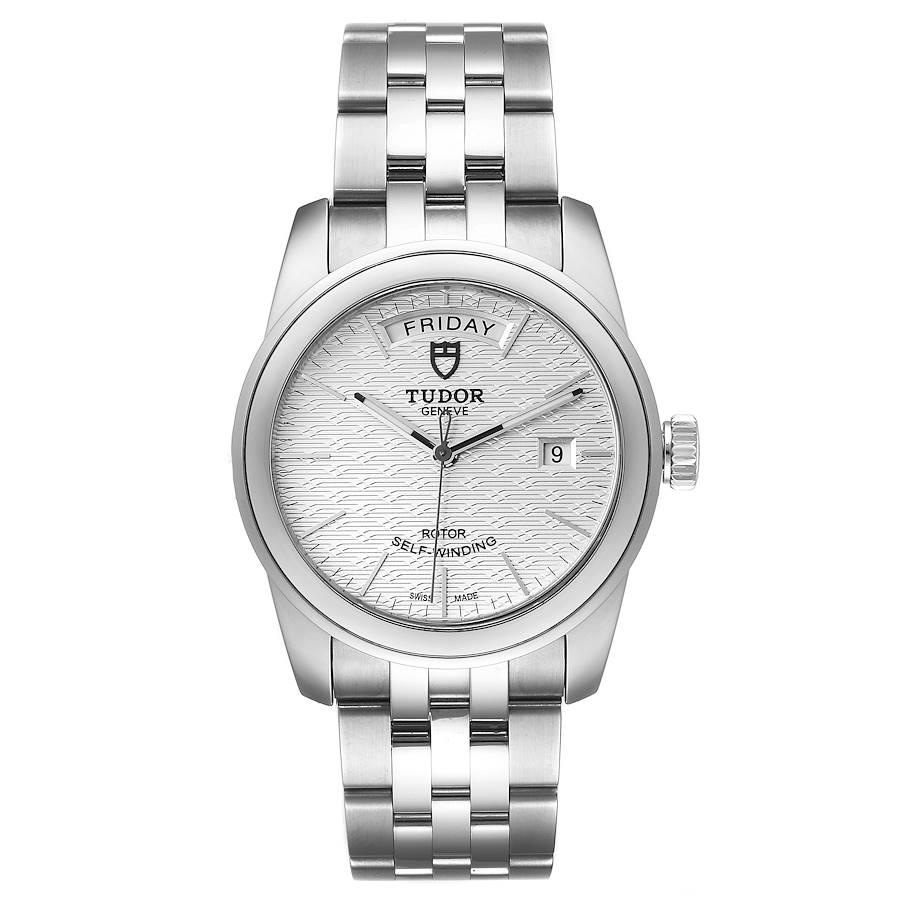 Tudor Glamour Day Date Steel Silver Dial Mens Watch 56000 Card. Automatic self-winding movement. Stainless steel round case 39.0 mm in diameter. Tudor logo on a crown. Stainless steel smooth double bezel. Scratch resistant sapphire crystal. Silver