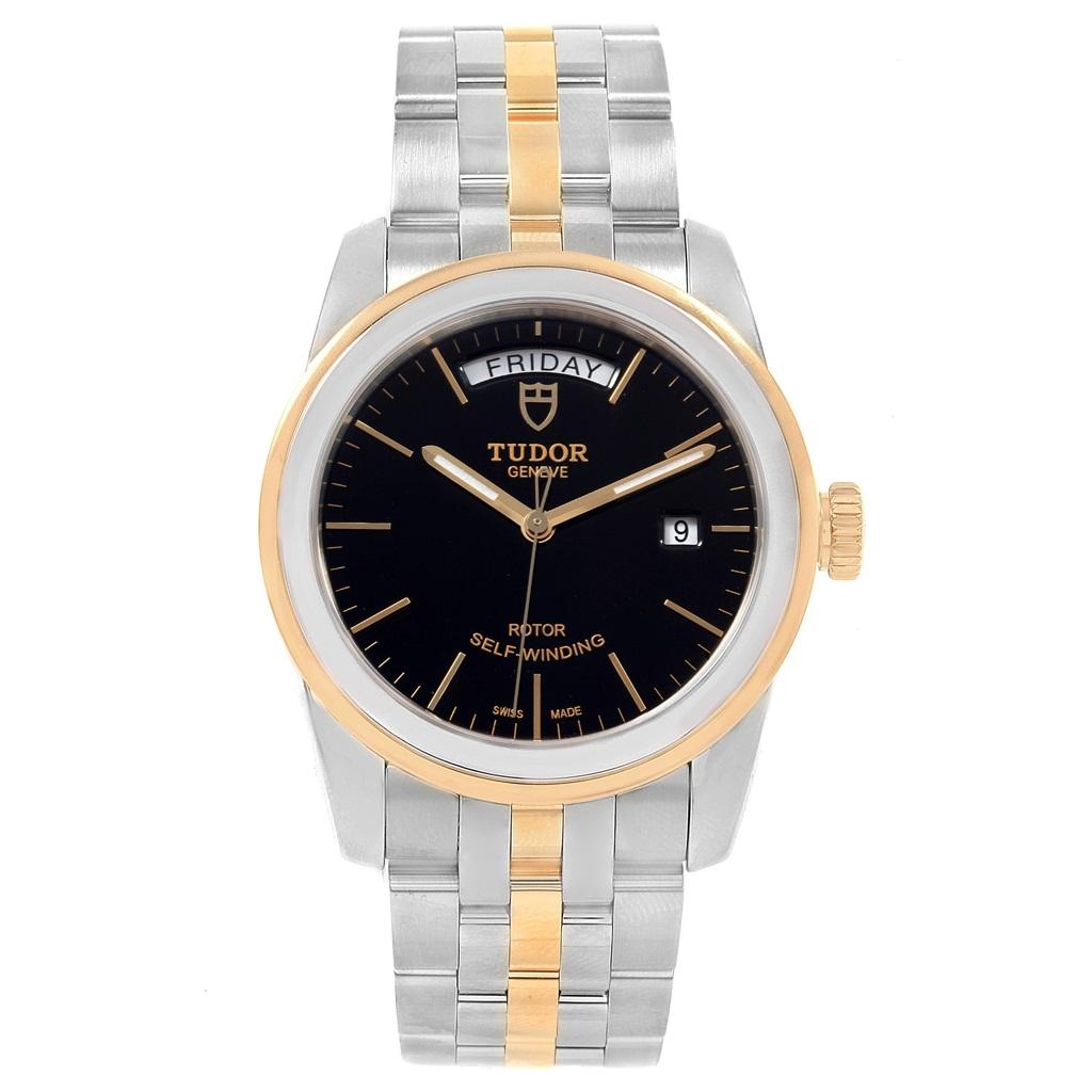 Tudor Glamour Day Date Steel Yellow Gold Mens Watch 56003 Box Papers. Automatic self-winding movement. Stainless steel and yellow gold round case 39.0 mm in diameter. Tudor logo on a crown. Stainless steel and yellow gold smooth fixed double bezel.