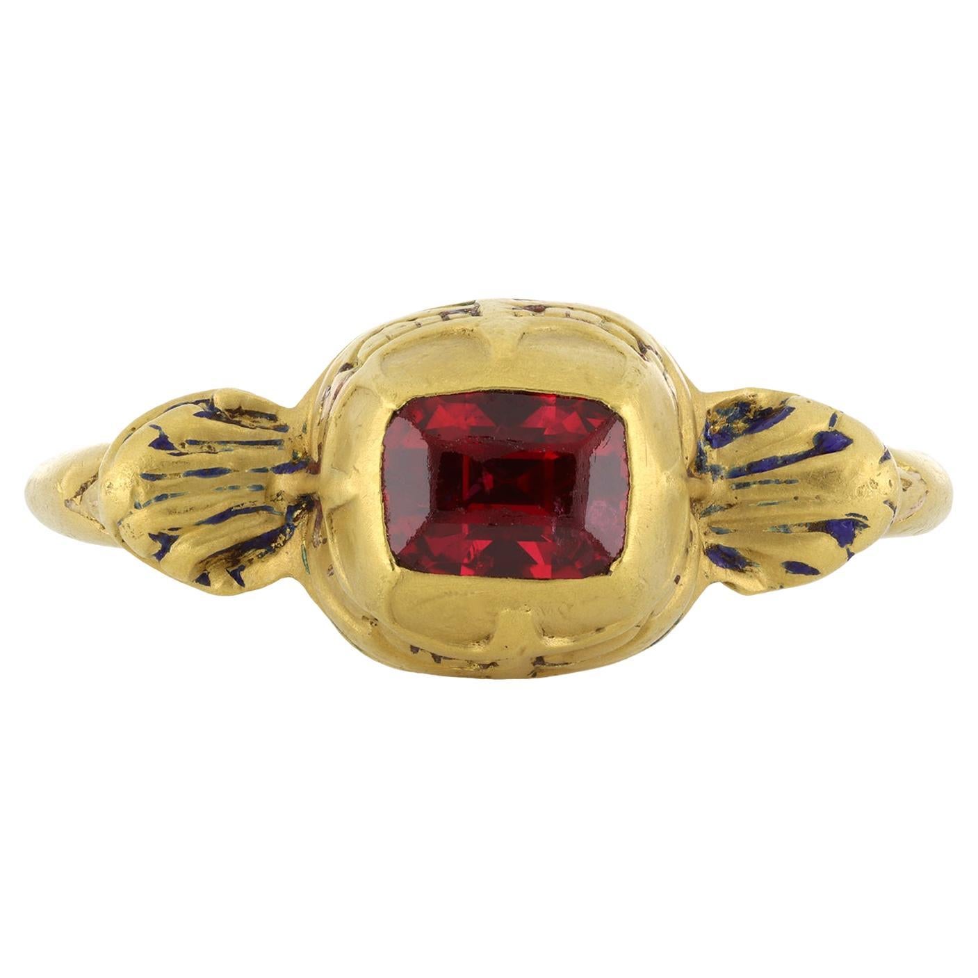 Tudor Gold Spinel Set Ring, English, circa 16th Century For Sale