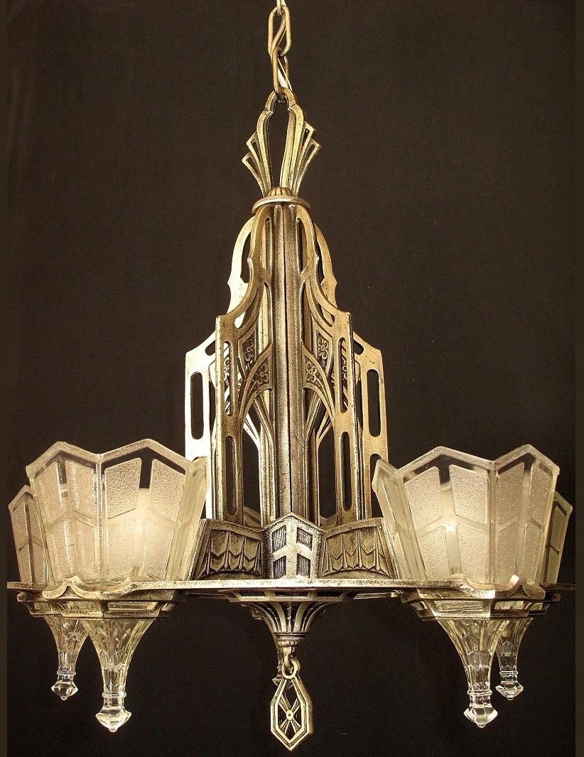 American Tudor Gothic 5 Light Original Finish & Glass circa 1928 For Sale