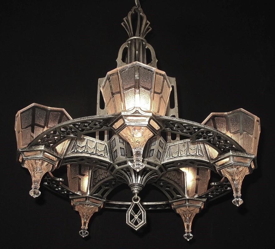 Aluminum Tudor Gothic 5 Light Original Finish & Glass circa 1928 For Sale