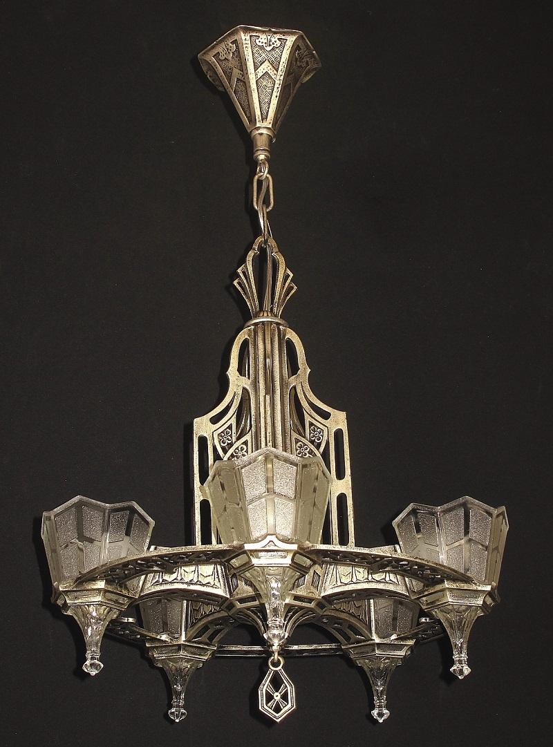 Tudor Gothic 5 Light Original Finish & Glass circa 1928 For Sale 2