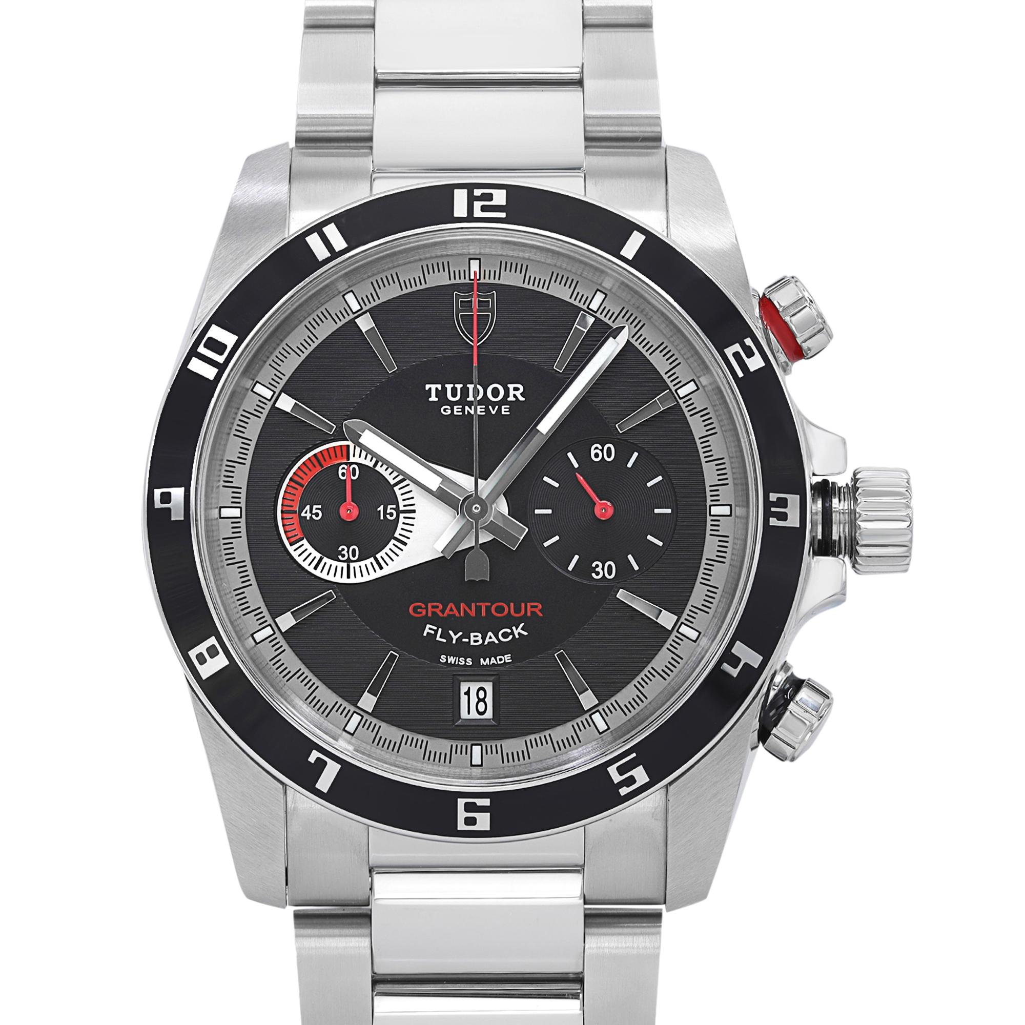 Unworn Tudor Grantour Flyback Men's Watch 20550N-95730BLK. This Beautiful Timepiece is Powered by Mechanical (Automatic) Movement And Features: Round Stainless Steel Case with a Stainless Steel Bracelet. Fixed arabic numeral stainless steel bezel
