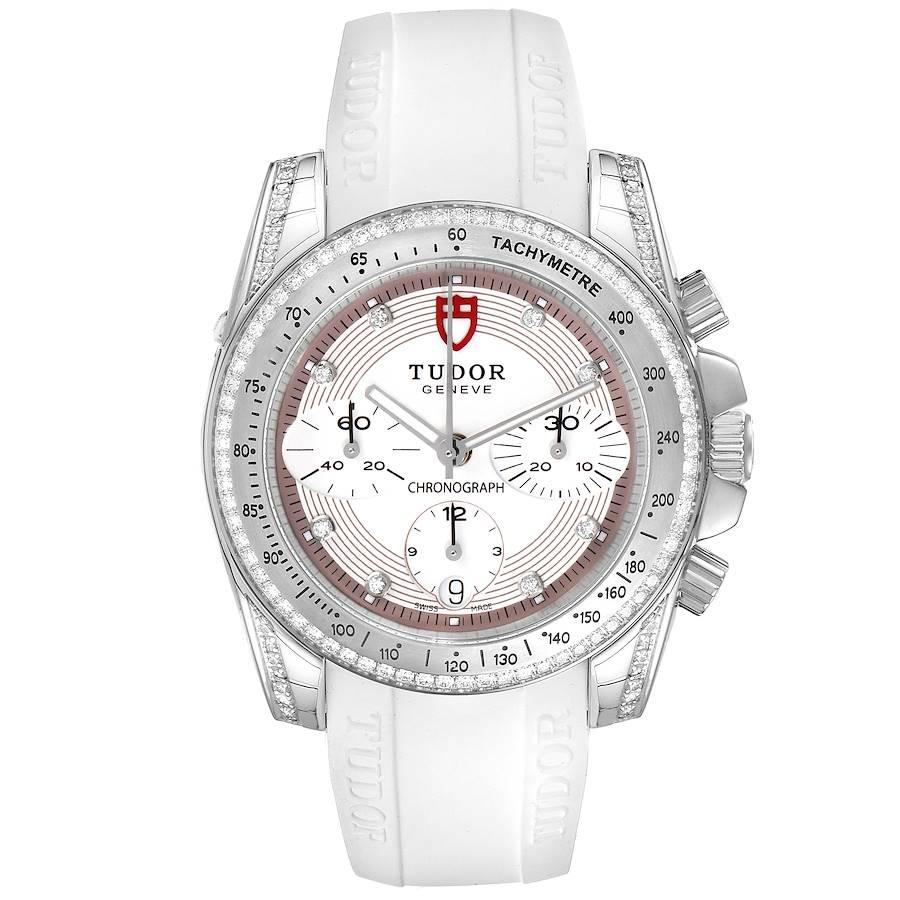 Tudor Grantour White Strap Steel Diamond Ladies Watch 20310 Unworn. Automatic self-winding movement with chronograph function. Stainless steel oyster case 41.0 mm in diameter. Diamond lugs. Original Tudor factory diamond bezel. Scratch resistant