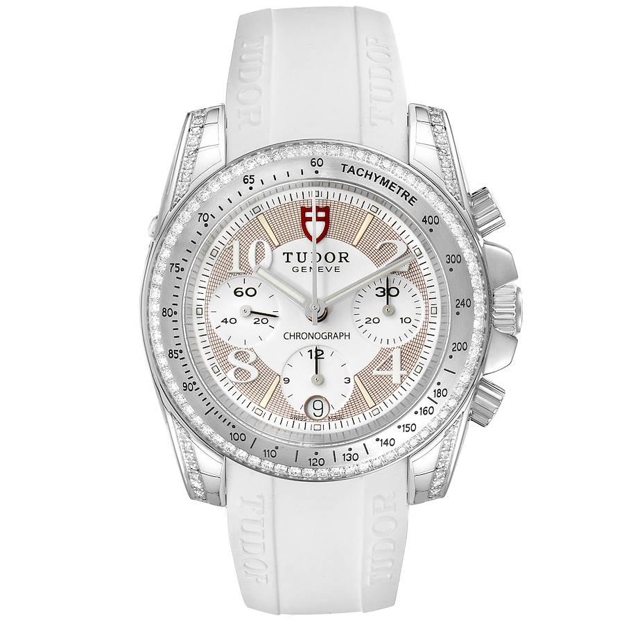 Montre unisexe Tudor Grantour White Strap Steel Diamond 20310 non portée. Mouvement automatique à remontage automatique avec fonction chronographe. Boîtier oyster en acier inoxydable de 41.0 mm de diamètre. Cosses en diamant. Lunette en diamant