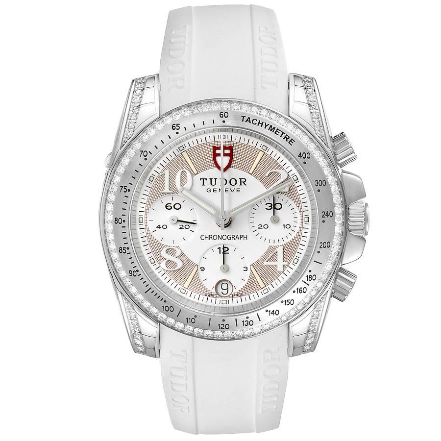 Tudor Grantour White Strap Steel Diamond Unisex Watch 20310 Unworn. Automatic self-winding movement with chronograph function. Stainless steel oyster case 41.0 mm in diameter. Diamond lugs. Original Tudor factory diamond bezel. Scratch resistant