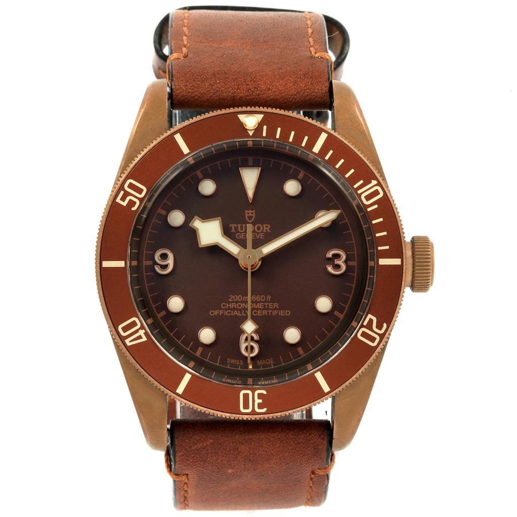 Tudor Heritage Black Bay Automatic Bronze Dial Leather Strap Watch 79250. Automatic self-winding movement with chronograph function. Aluminum bronze alloy oyster case 41.0 mm in diameter. Tudor logo on a crown. Brown tachymeter bezel. Scratch