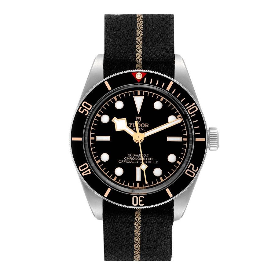 Tudor Heritage Black Bay Black Dial Steel Mens Watch 79030 Unworn Box Card. Automatic self-winding movement. Stainless steel oyster case 39.0 mm in diameter. Tudor rose logo on a crown. Uni-directional rotating stainless steel bezel with a matte