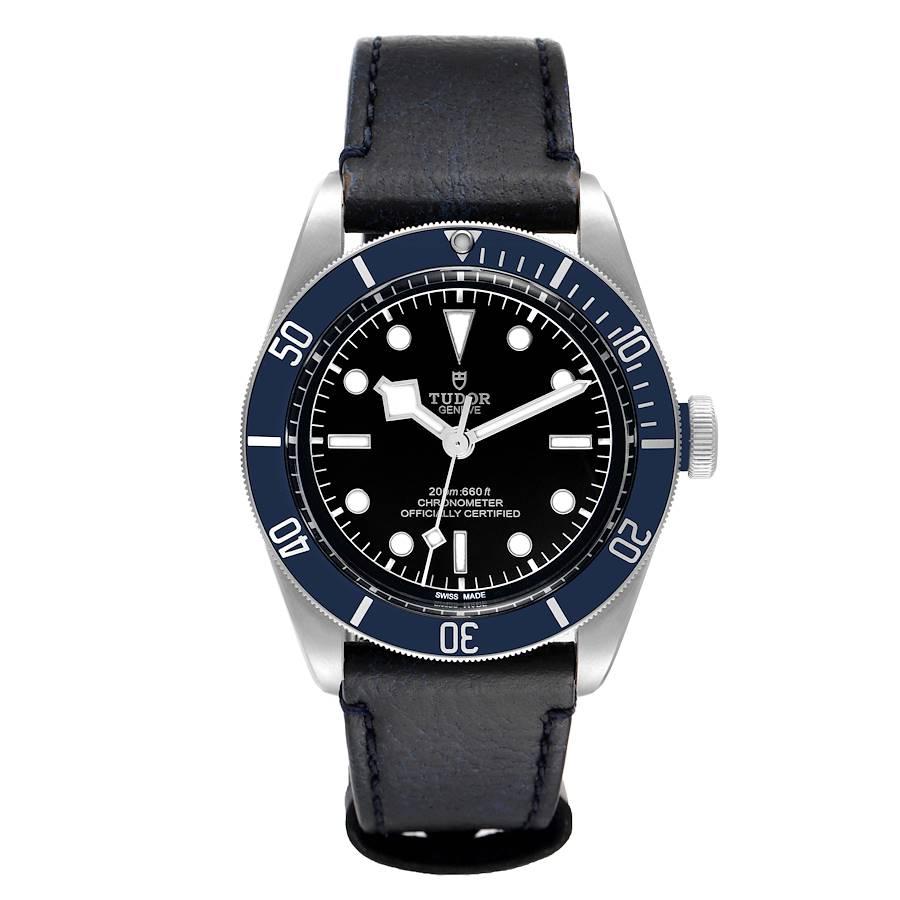 Tudor Heritage Black Bay Blue Bezel Steel Mens Watch 79230B. Automatic self-winding movement. Stainless steel oyster case 41.0 mm in diameter. Tudor logo on a crown. Blue special time-lapse unidirectional rotating bezel. Scratch resistant sapphire