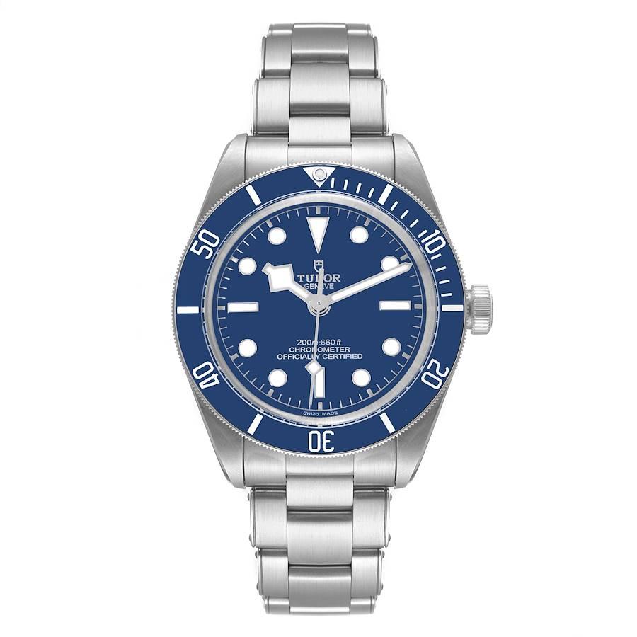 Tudor Heritage Black Bay Blue Dial Bezel Steel Mens Watch 79030 Box Card. Automatic self-winding movement. Stainless steel oyster case 39.0 mm in diameter. Tudor rose logo on a crown. Uni-directional rotating stainless steel bezel with a matte blue