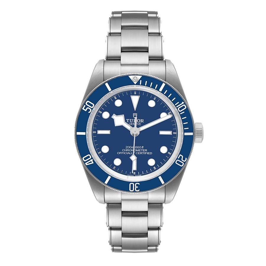 Tudor Heritage Black Bay Blue Dial Bezel Steel Mens Watch 79030. Automatic self-winding movement. Stainless steel oyster case 39.0 mm in diameter. Tudor rose logo on a crown. Uni-directional rotating stainless steel bezel with a matte blue top ring.