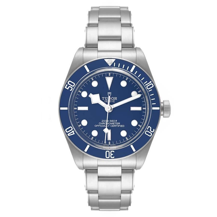 Tudor Heritage Black Bay Blue Dial Steel Mens Watch 79030 Box Card. Automatic self-winding movement. Stainless steel oyster case 39.0 mm in diameter. Tudor rose logo on the crown. Uni-directional rotating stainless steel bezel with a matte blue