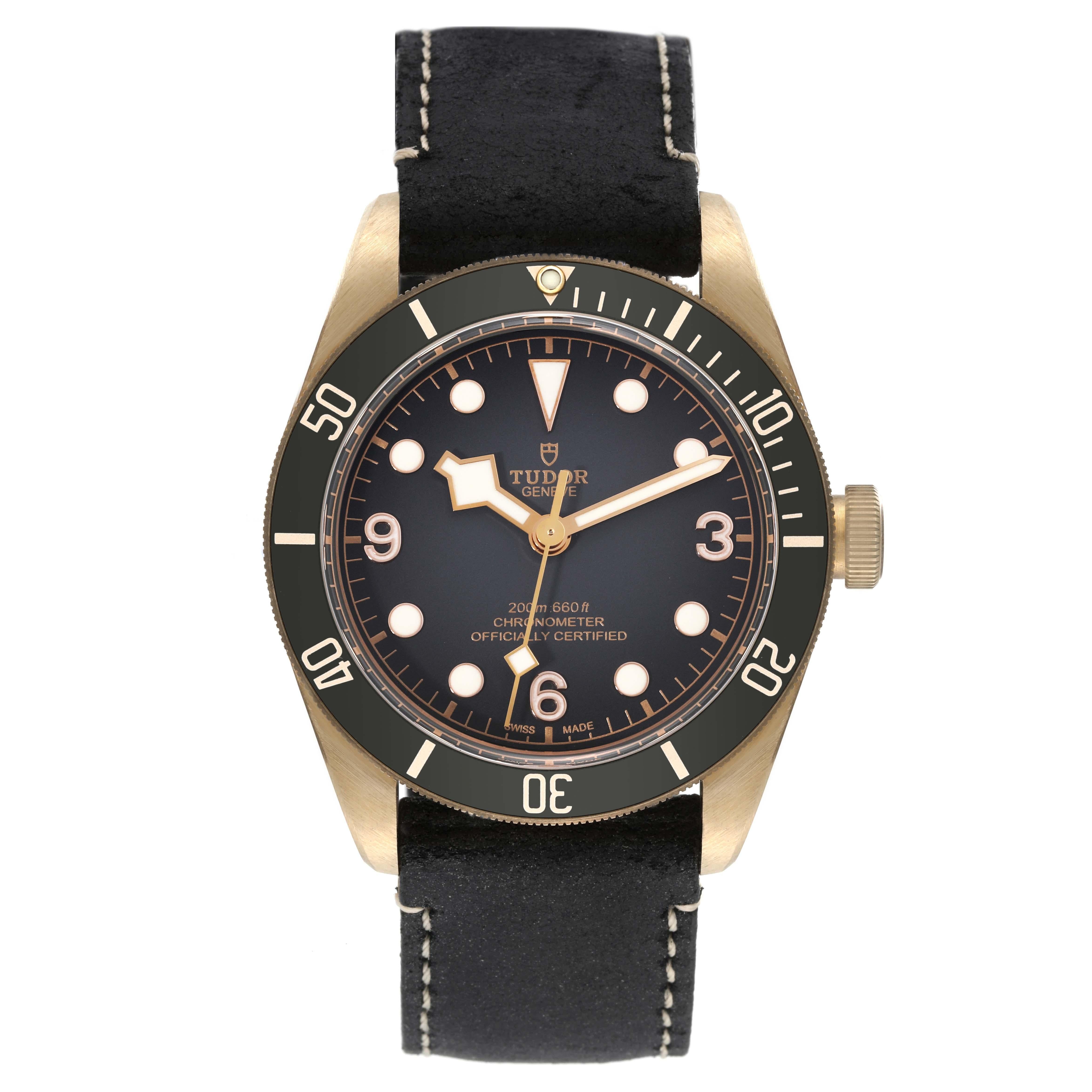Tudor Heritage Black Bay Bronze Mens Watch 79250 Box Card. Automatic self-winding movement. Bronze oyster case 41.0 mm in diameter. Tudor logo on the crown. Uni-directional rotating bronze bezel with a matte green top ring. Scratch resistant