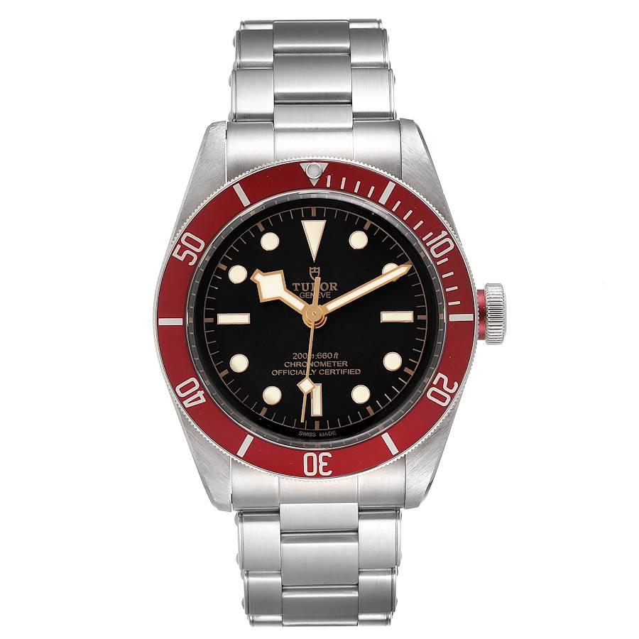 Tudor Heritage Black Bay Burgundy Bezel Steel Mens Watch 79230 Box Card. Automatic self-winding movement. Stainless steel oyster case 41.0 mm in diameter. Tudor rose logo on a crown. Steel unidirectional rotatable bezel with disc in matt burgundy