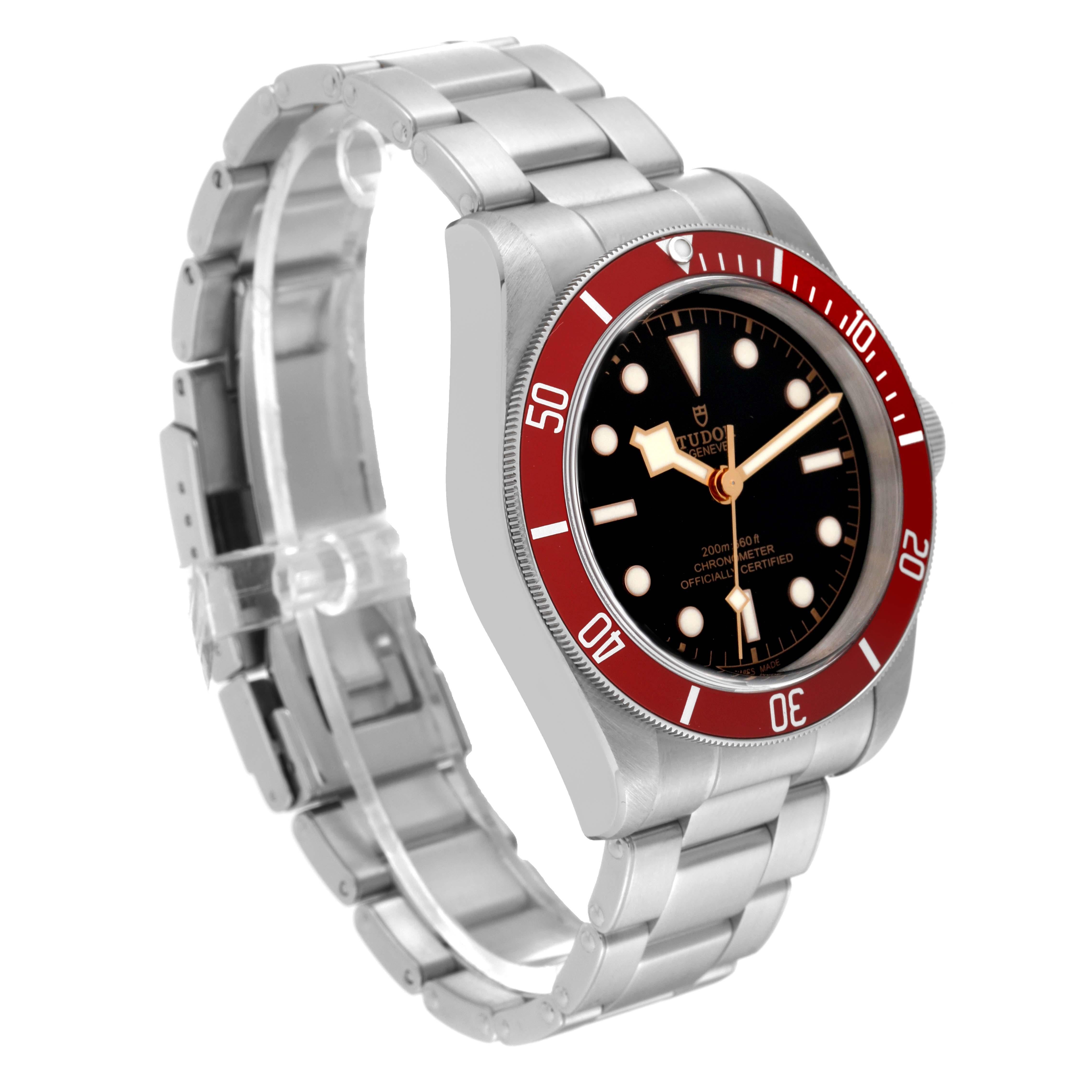Tudor Heritage Black Bay Burgundy Bezel Steel Mens Watch 79230. Automatic self-winding movement. Stainless steel oyster case 41.0 mm in diameter. Tudor rose logo on a crown. Stainless steel unidirectional rotatable bezel with matte burgundy anodized