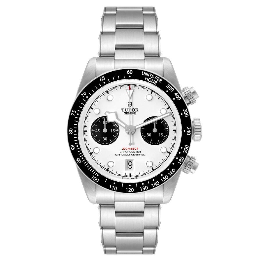 Tudor Heritage Black Bay Chronograph Panda Dial Watch 79360. Automatic self-winding chronograph movement. Stainless steel oyster case 41 mm in diameter. Tudor logo on the crown. Matte black aluminum bezel with a tachymeter scale. Scratch resistant