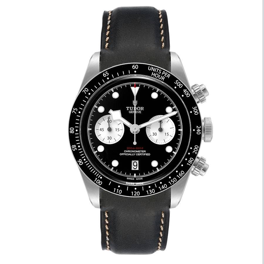 Tudor Heritage Black Bay Chronograph Reverse Panda Dial Watch 79360 Box Card. Automatic self-winding chronograph movement. Stainless steel oyster case 41 mm in diameter. Tudor logo on a crown. Matte black aluminum-filled bezel with a tachymeter