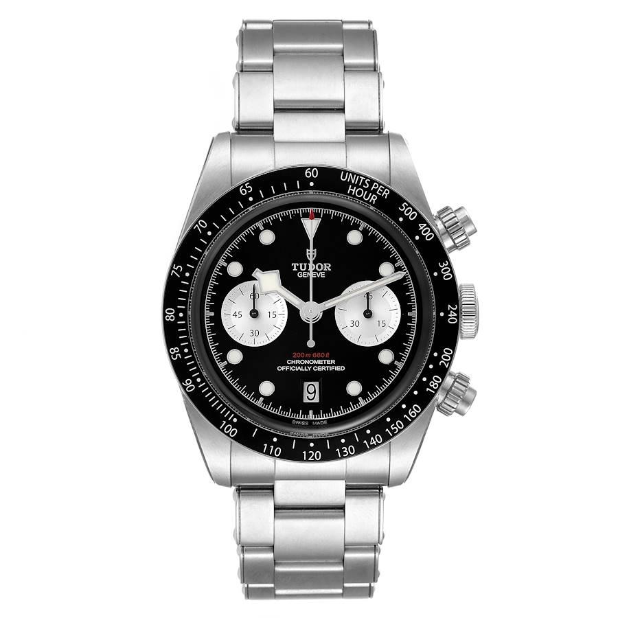 Tudor Heritage Black Bay Chronograph Reverse Panda Dial Watch 79360 Unworn. Automatic self-winding chronograph movement. Stainless steel oyster case 41 mm in diameter. Tudor logo on a crown. Matte black aluminum-filled bezel with a tachymeter scale.