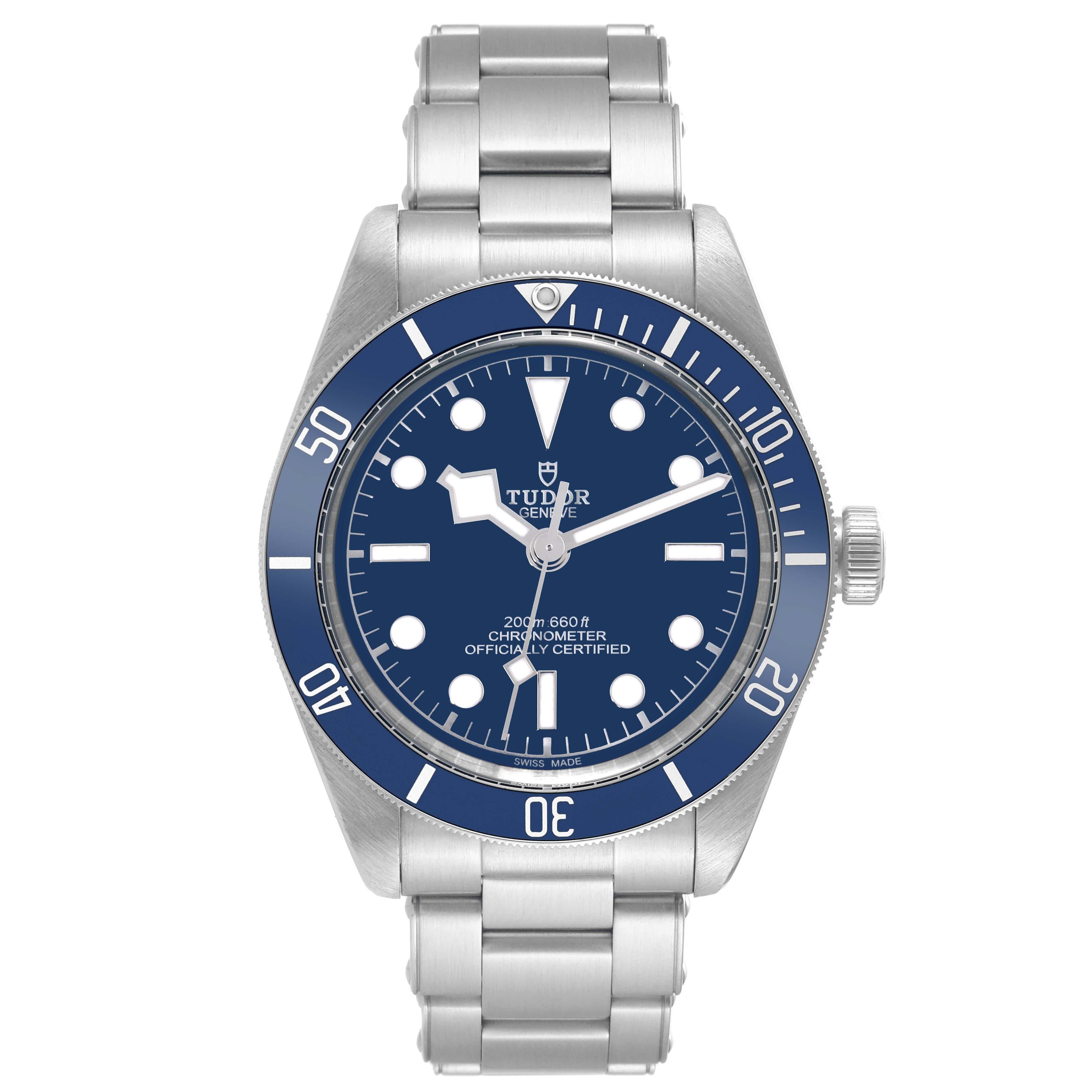 Tudor Heritage Black Bay Fifty-Eight Blue Dial Steel Mens Watch 79030. Automatic self-winding movement. Stainless steel oyster case 39.0 mm in diameter. Tudor rose logo on the crown. Uni-directional rotating stainless steel bezel with a matte blue