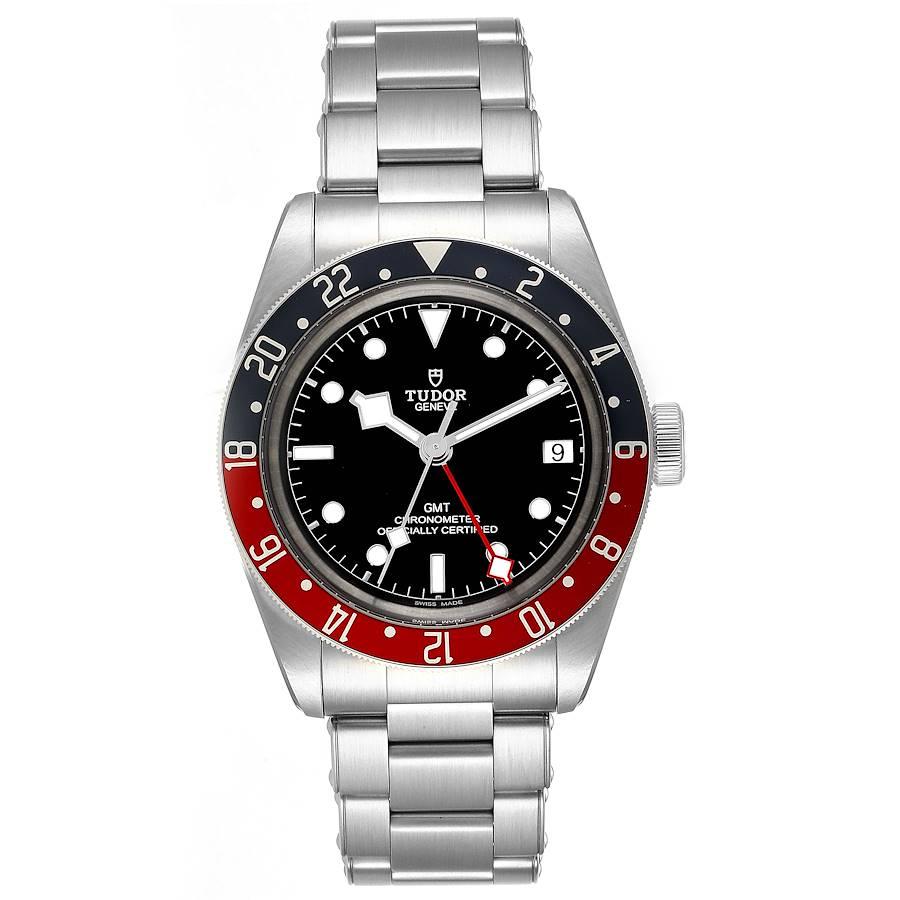 Tudor Heritage Black Bay GMT Pepsi Bezel Mens Watch 79830RB Box Card. Automatic self-winding movement. Stainless steel oyster case 41.0 mm in diameter. Tudor logo on a crown. Bi-directional rotating red and blue (pepsi) bezel. Scratch resistant