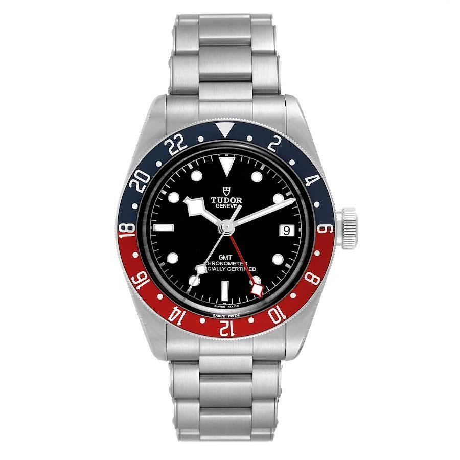 Tudor Heritage Black Bay GMT Pepsi Bezel Mens Watch 79830RB Box Card. Automatic self-winding movement. Stainless steel oyster case 41.0 mm in diameter. Tudor logo on a crown. Bi-directional rotating red and blue (pepsi) bezel. Scratch resistant