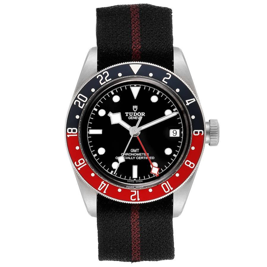 Tudor Heritage Black Bay GMT Pepsi Bezel Mens Watch 79830RB Box Papers. Automatic self-winding movement. Stainless steel oyster case 41.0 mm in diameter. Tudor logo on a crown. Bi-directional rotating red and blue (pepsi) bezel. Scratch resistant