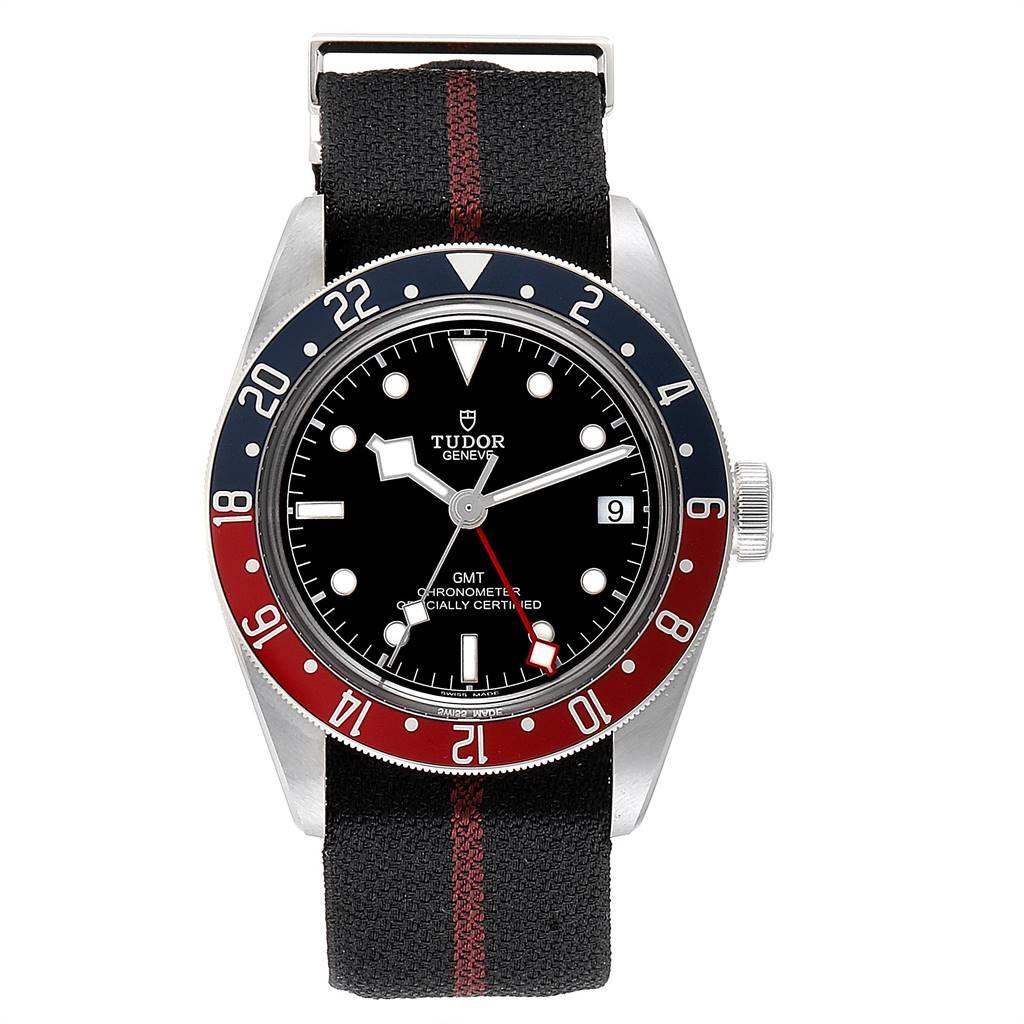 Tudor Heritage Black Bay GMT Pepsi Bezel Mens Watch 79830RB Unworn. Automatic self-winding movement. Stainless steel oyster case 41.0 mm in diameter. Tudor logo on a crown. Bi-directional rotating red and blue (pepsi) bezel. Scratch resistant