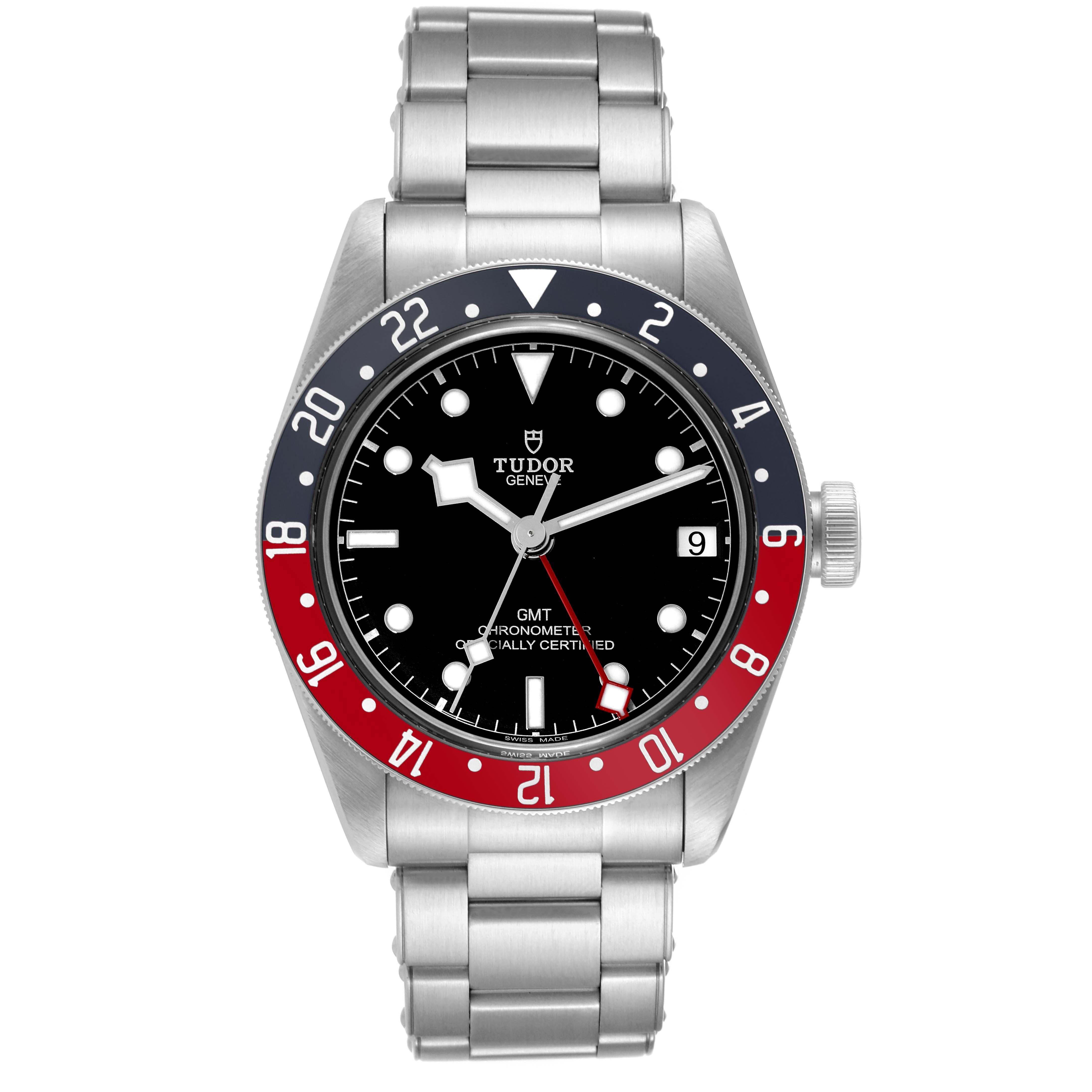 Tudor Heritage Black Bay GMT Pepsi Bezel Steel Mens Watch 79830RB Box Card. Automatic self-winding movement. Stainless steel oyster case 41.0 mm in diameter. Tudor logo on a crown. Bidirectional rotating red and blue (pepsi) bezel. Scratch resistant