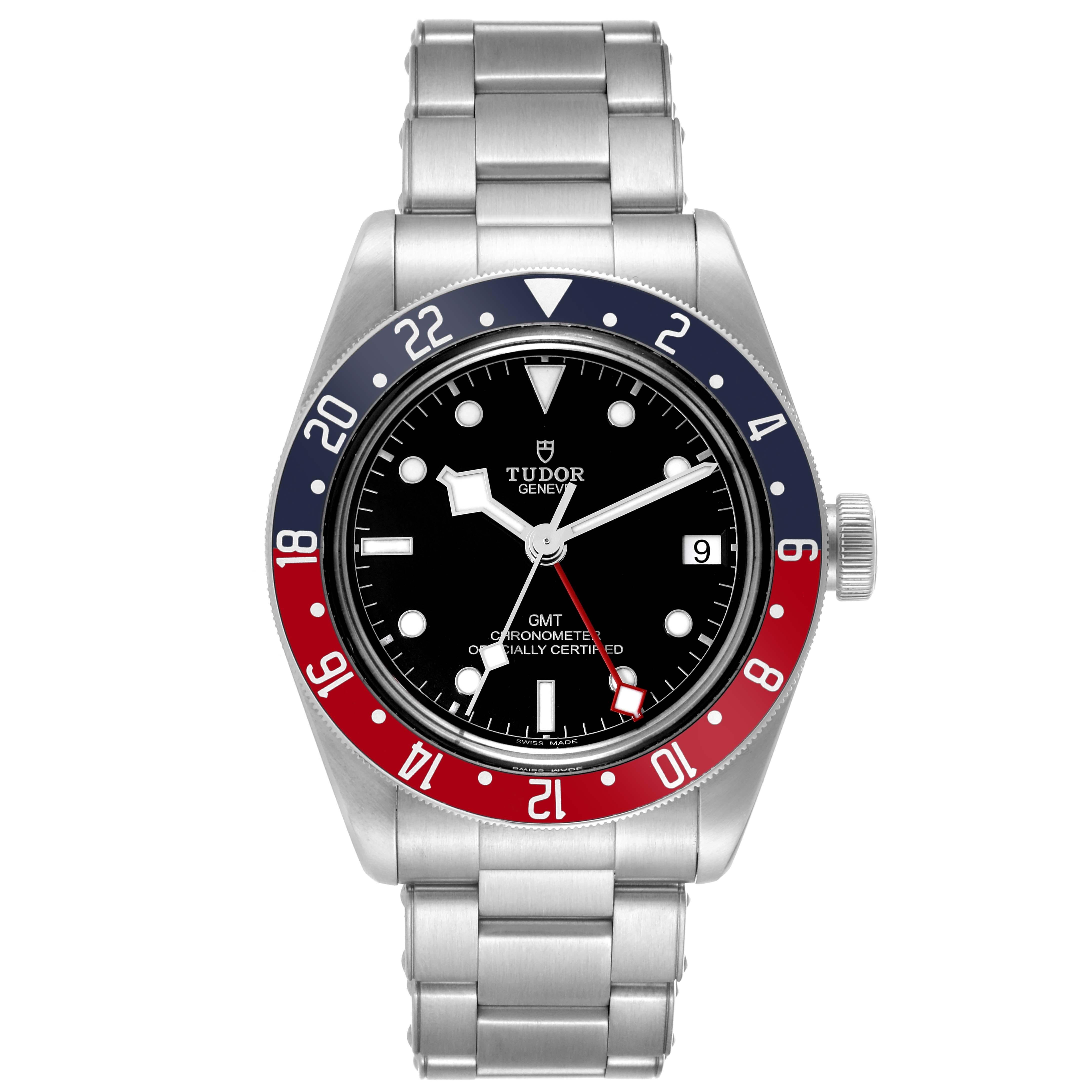 Tudor Heritage Black Bay GMT Pepsi Bezel Steel Mens Watch 79830RB Box Card. Automatic self-winding movement. Stainless steel oyster case 41.0 mm in diameter. Tudor logo on a crown. Bidirectional rotating red and blue (Pepsi) bezel. Scratch resistant