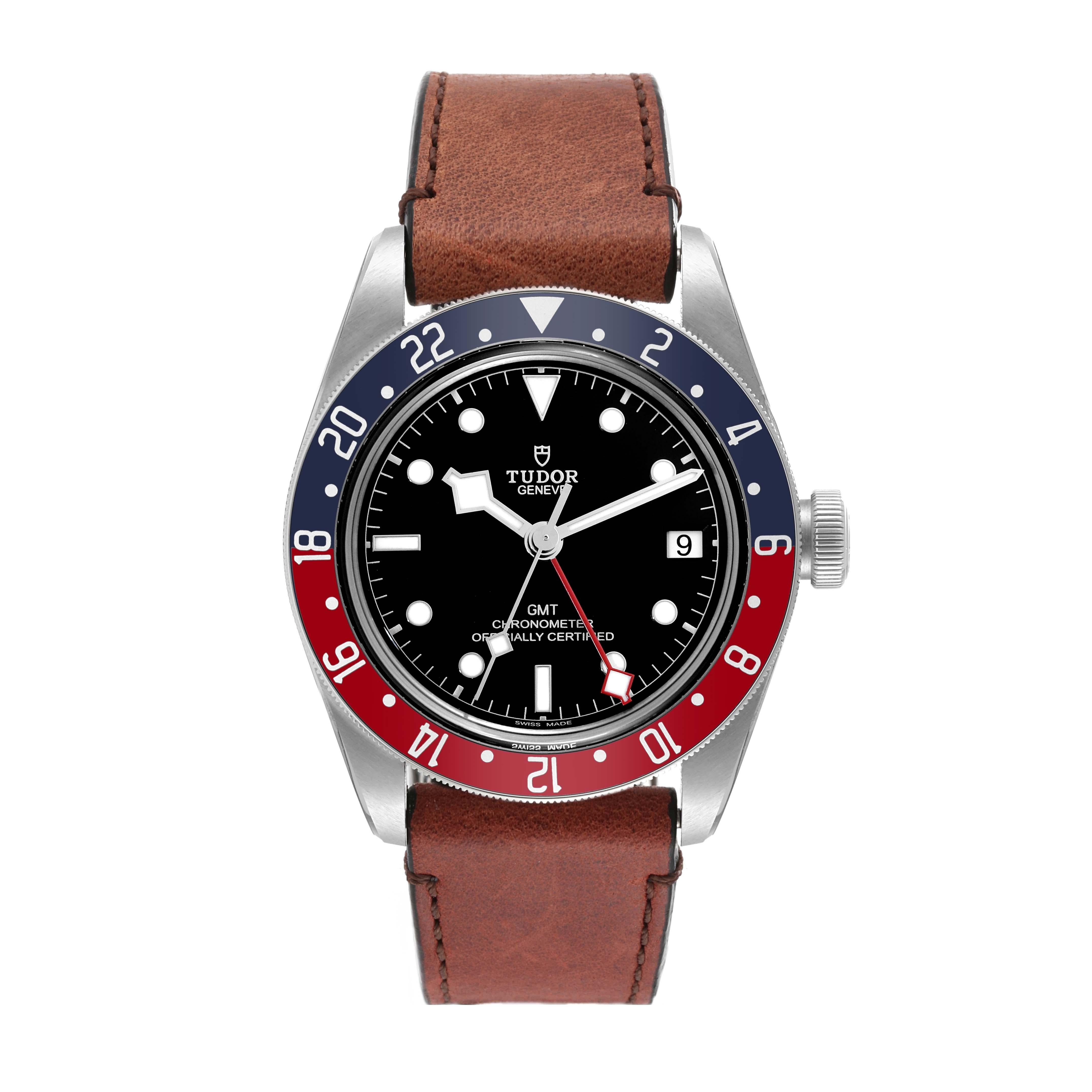 Tudor Heritage Black Bay GMT Pepsi Bezel Steel Mens Watch 79830RB Box Card. Automatic self-winding movement. Stainless steel oyster case 41.0 mm in diameter. Tudor logo on a crown. Bidirectional rotating red and blue (Pepsi) bezel. Scratch resistant