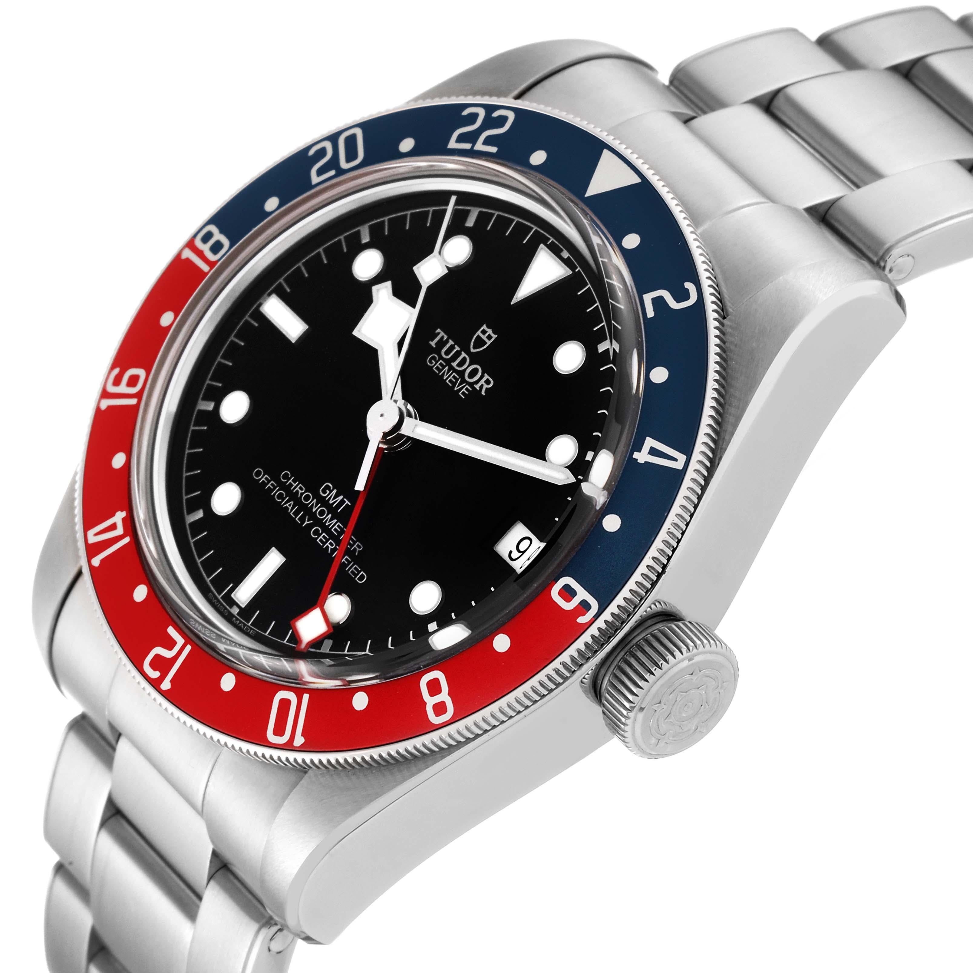 Tudor Heritage Black Bay GMT Pepsi Bezel Steel Mens Watch 79830RB Box Card. Automatic self-winding movement. Stainless steel oyster case 41.0 mm in diameter. Tudor logo on crown. Bidirectional rotating red and blue (Pepsi) bezel. Scratch resistant