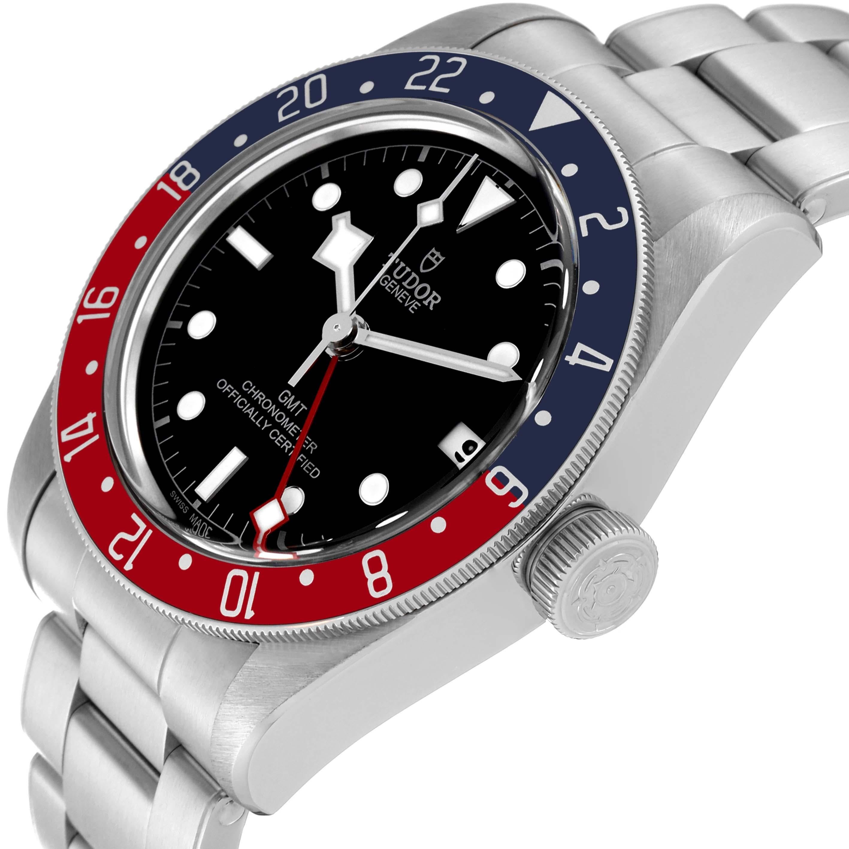 Tudor Heritage Black Bay GMT Pepsi Bezel Steel Mens Watch 79830RB. Automatic self-winding movement. Stainless steel oyster case 41.0 mm in diameter. Tudor logo on crown. Bidirectional rotating red and blue (Pepsi) bezel. Scratch resistant sapphire