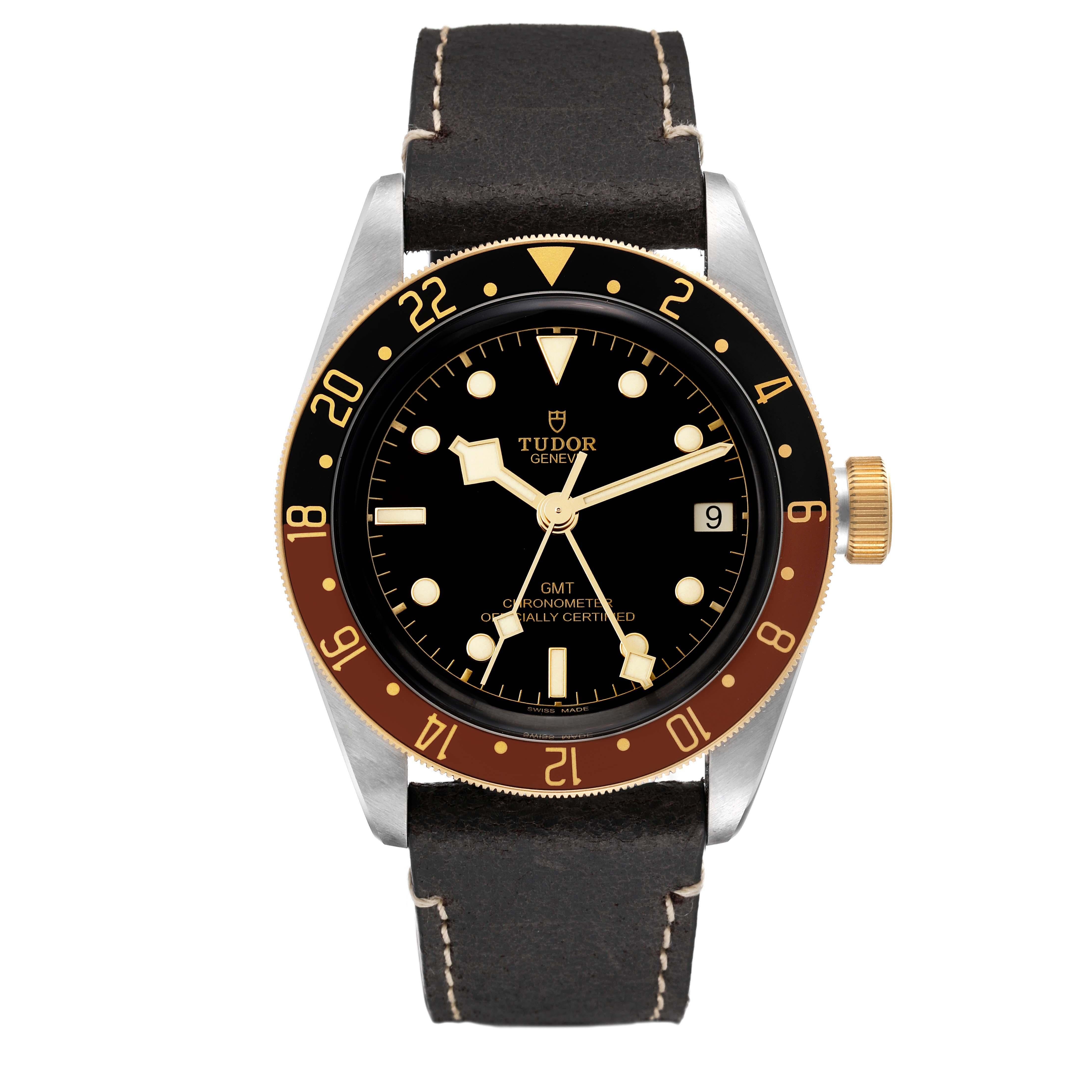Tudor Heritage Black Bay GMT Steel Yellow Gold Mens Watch 79833MN Unworn. Automatic self-winding movement. Stainless steel oyster case 41.0 mm in diameter. Tudor logo on a crown. Bi-directional rotating black and brown (rootbeer) bezel. Scratch