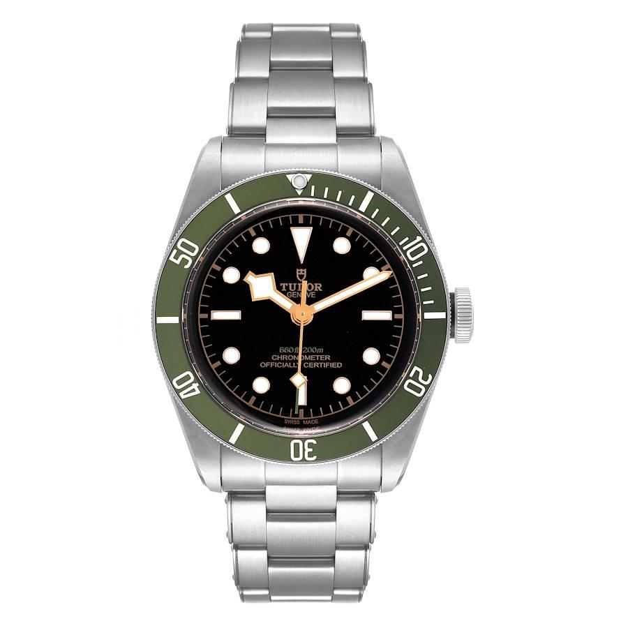 Tudor Heritage Black Bay Harrods Special Edition Mens Watch 79230G Box Card. Automatic self-winding movement. Stainless steel oyster case 41.0 mm in diameter. Tudor logo on a crown. Unidirectional rotatable stainless steel bezel with matte green