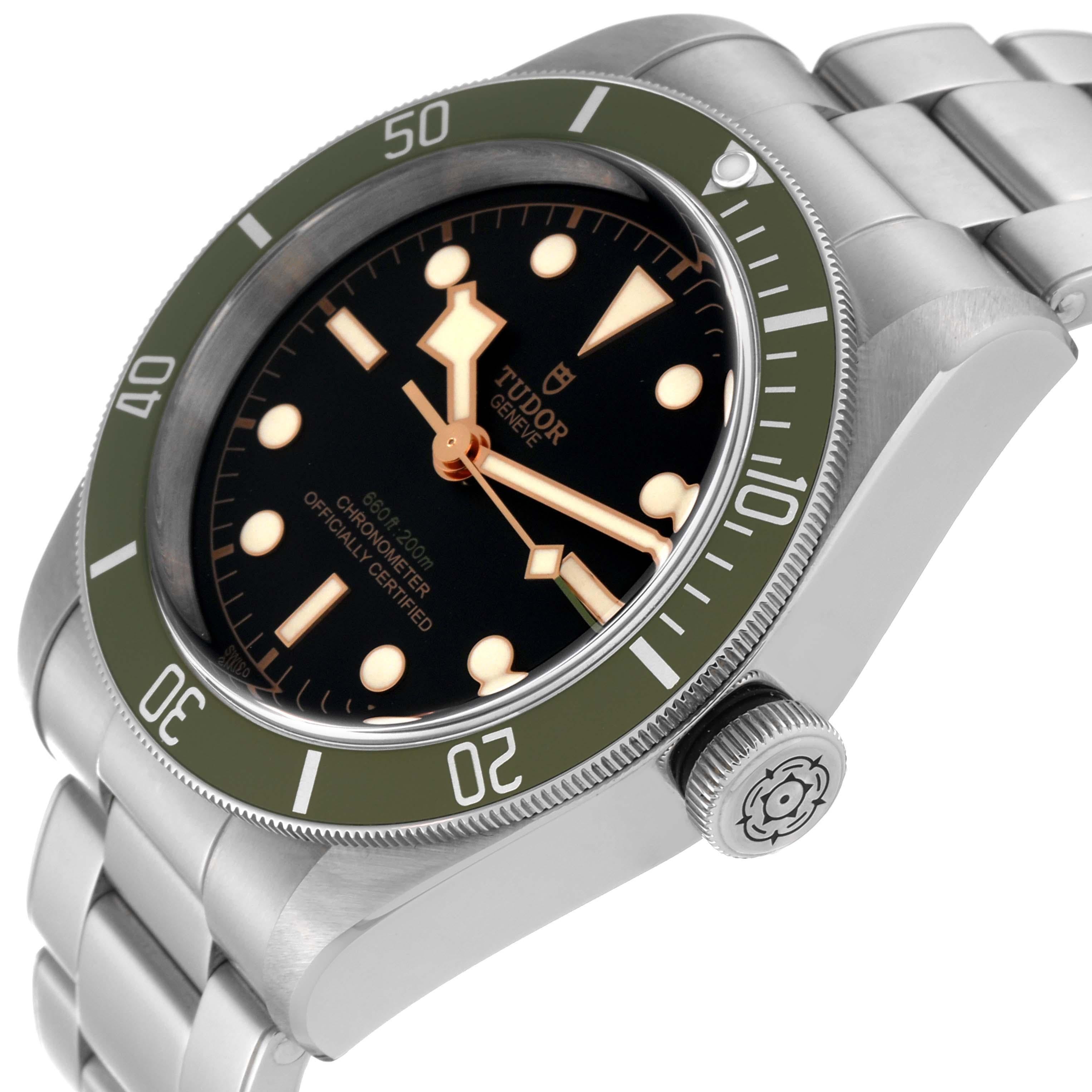 Tudor Heritage Black Bay Harrods Special Edition Steel Mens Watch 79230 Box Card. Automatic self-winding movement. Stainless steel oyster case 41.0 mm in diameter. Unidirectional rotatable stainless steel bezel with matte green insert. Scratch