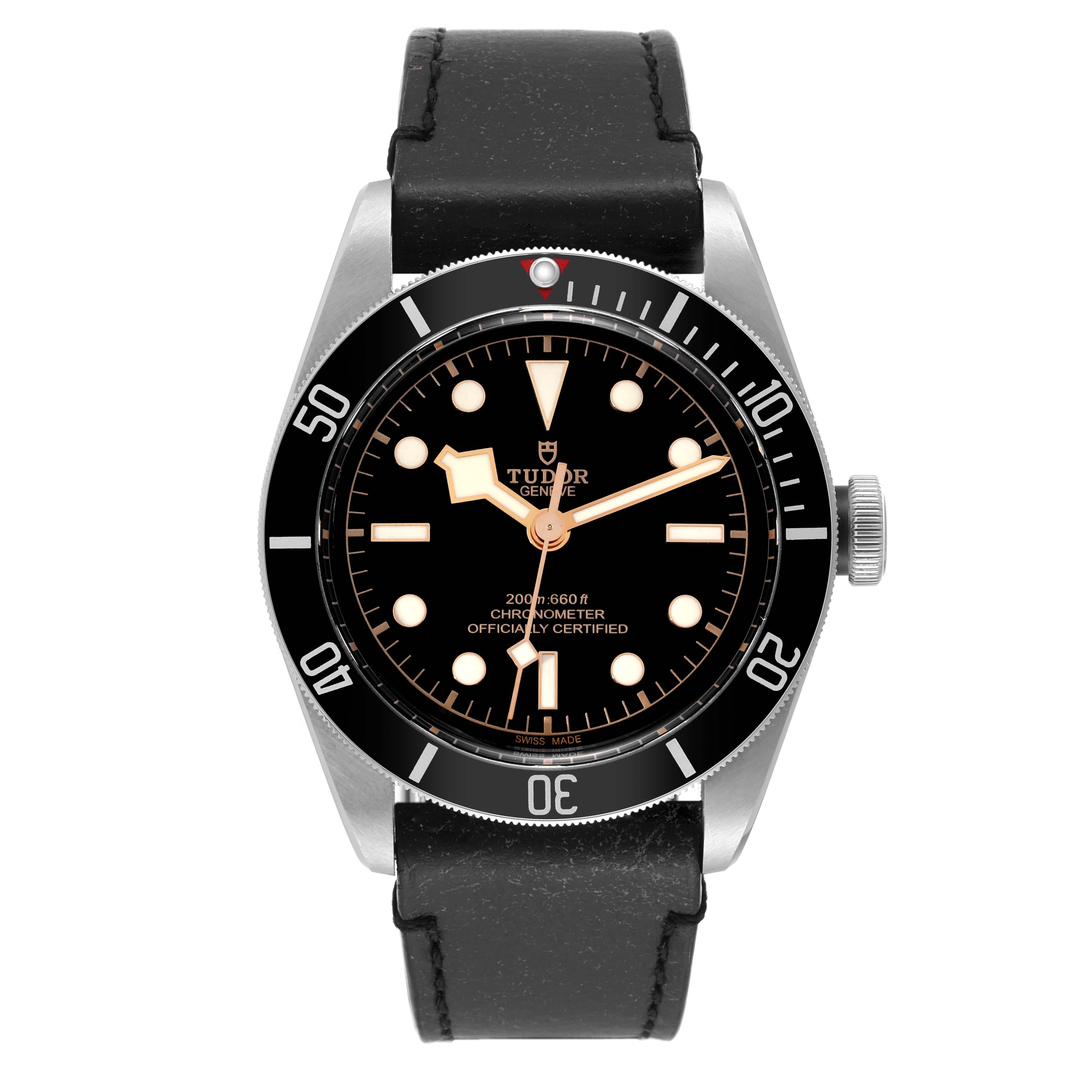 Tudor Heritage Black Bay Leather Strap Steel Mens Watch 79230 Box Card. Automatic self-winding movement. Stainless steel oyster case 41.0 mm in diameter. Tudor logo on a crown. Unidirectional rotating stainless steel bezel with black insert. Scratch