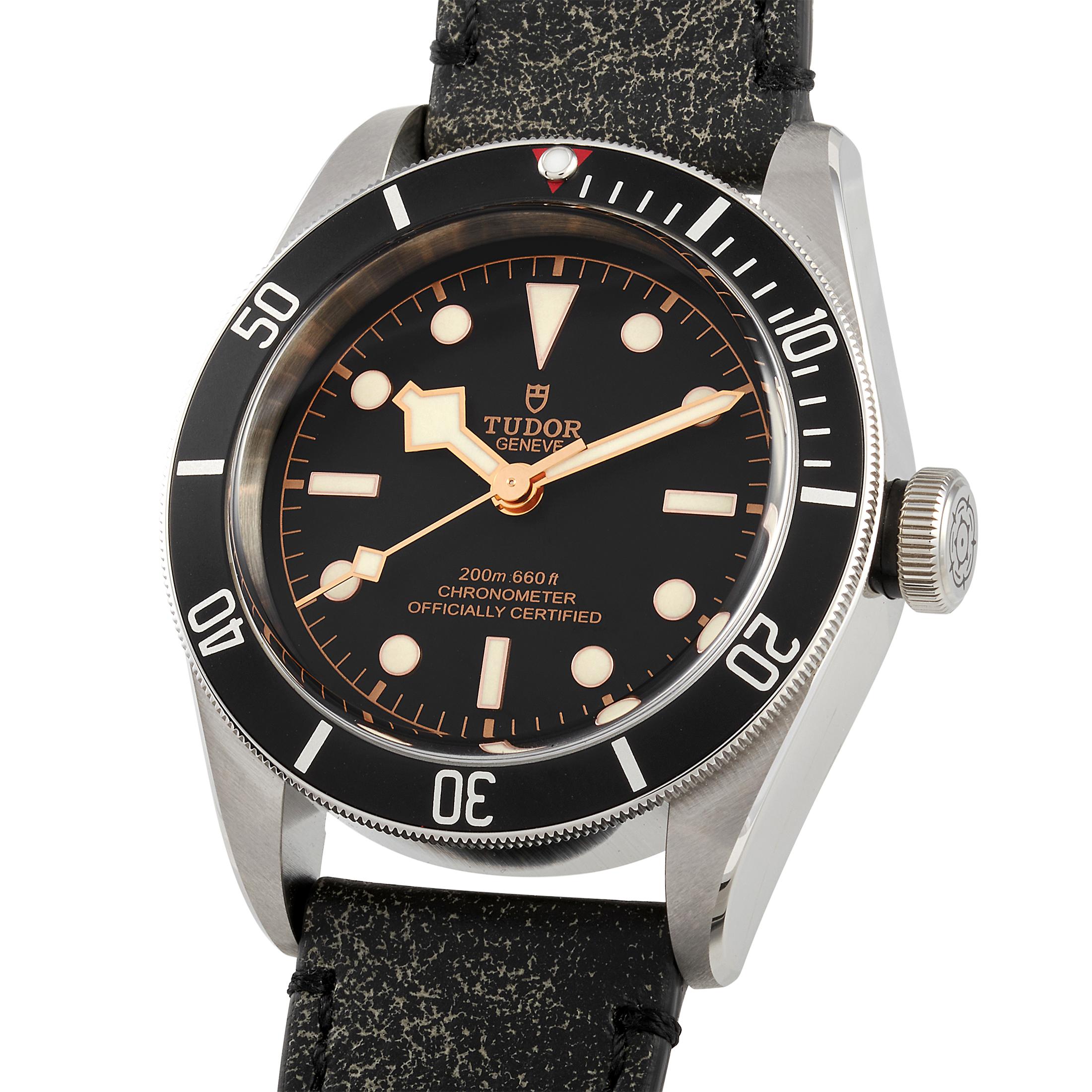 Designed with masculine refinement, the Tudor Heritage Black Bay Men's Leather Watch 79230N is a favorite among many Tudor enthusiasts. This handsome timepiece features a 41mm polished and satin-finished stainless steel case and a stunning black