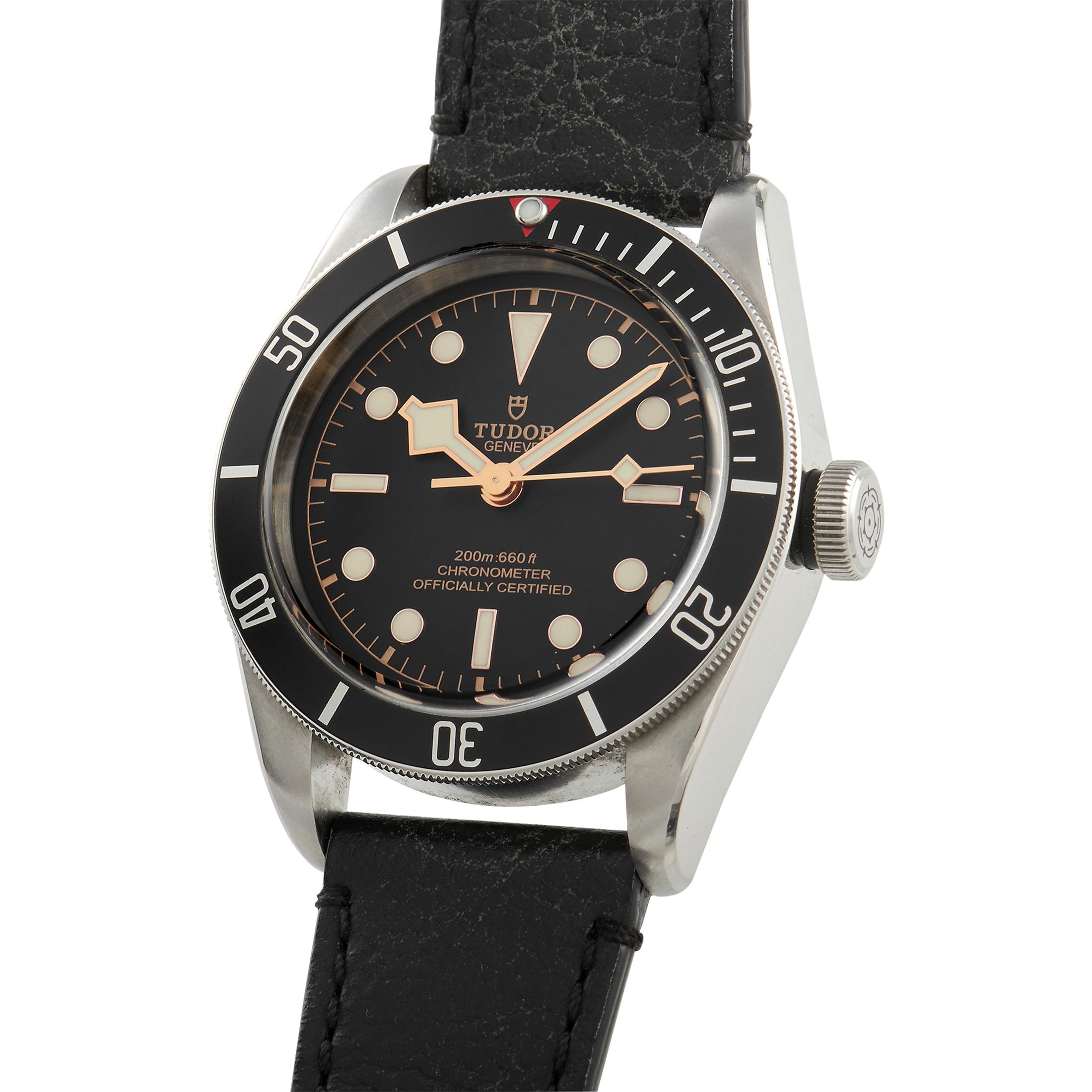 Designed with masculine refinement, the Tudor Heritage Black Bay Leather Watch 79230N is a favorite among many Tudor enthusiasts. This handsome timepiece features a 41mm polished and satin-finished stainless steel case and a stunning black aged