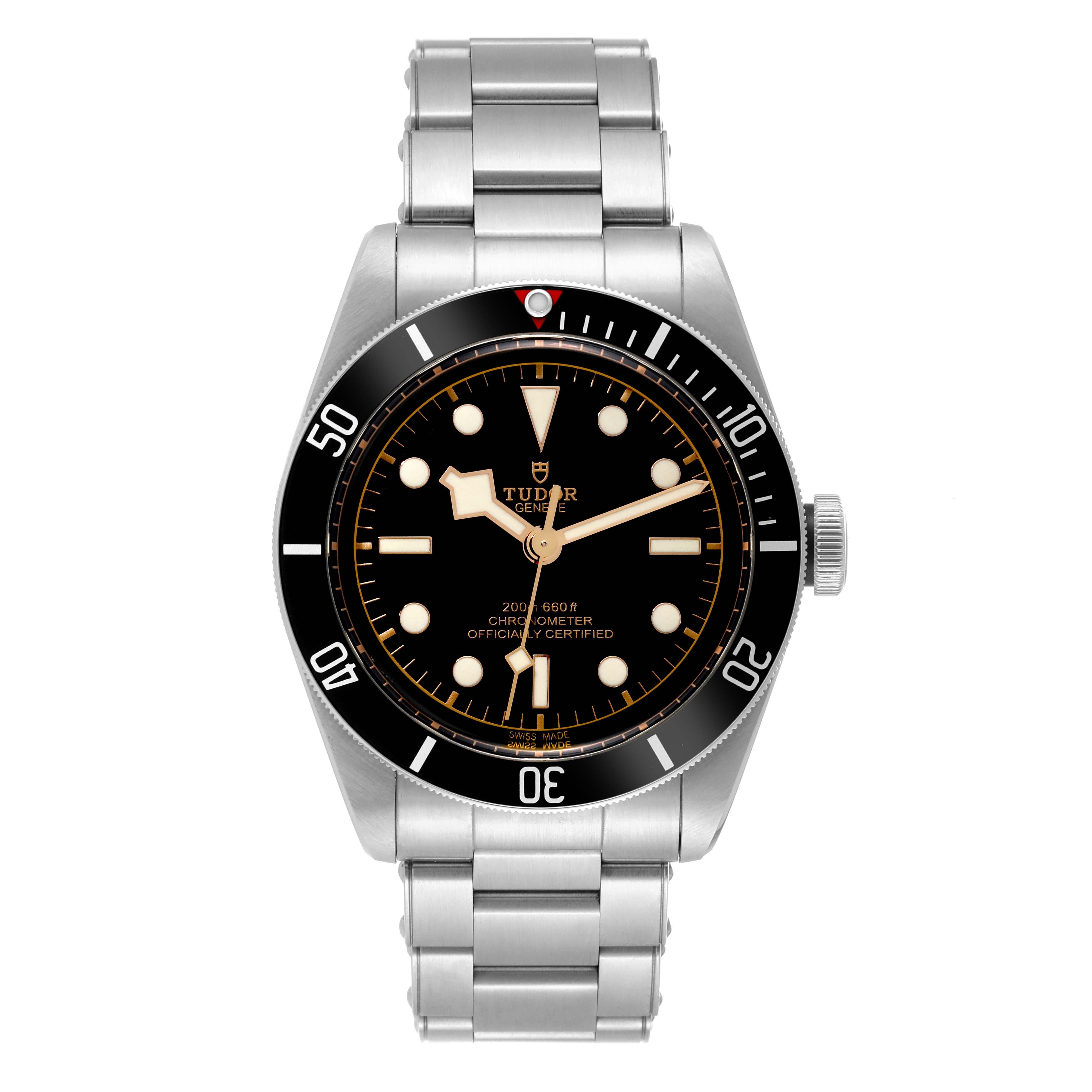 Tudor Heritage Black Bay Steel Mens Watch 79230 Unworn. Automatic self-winding movement. Stainless steel oyster case 41.0 mm in diameter. Tudor logo on the crown. Uni-directional rotating stainless steel bezel with black insert. Scratch resistant