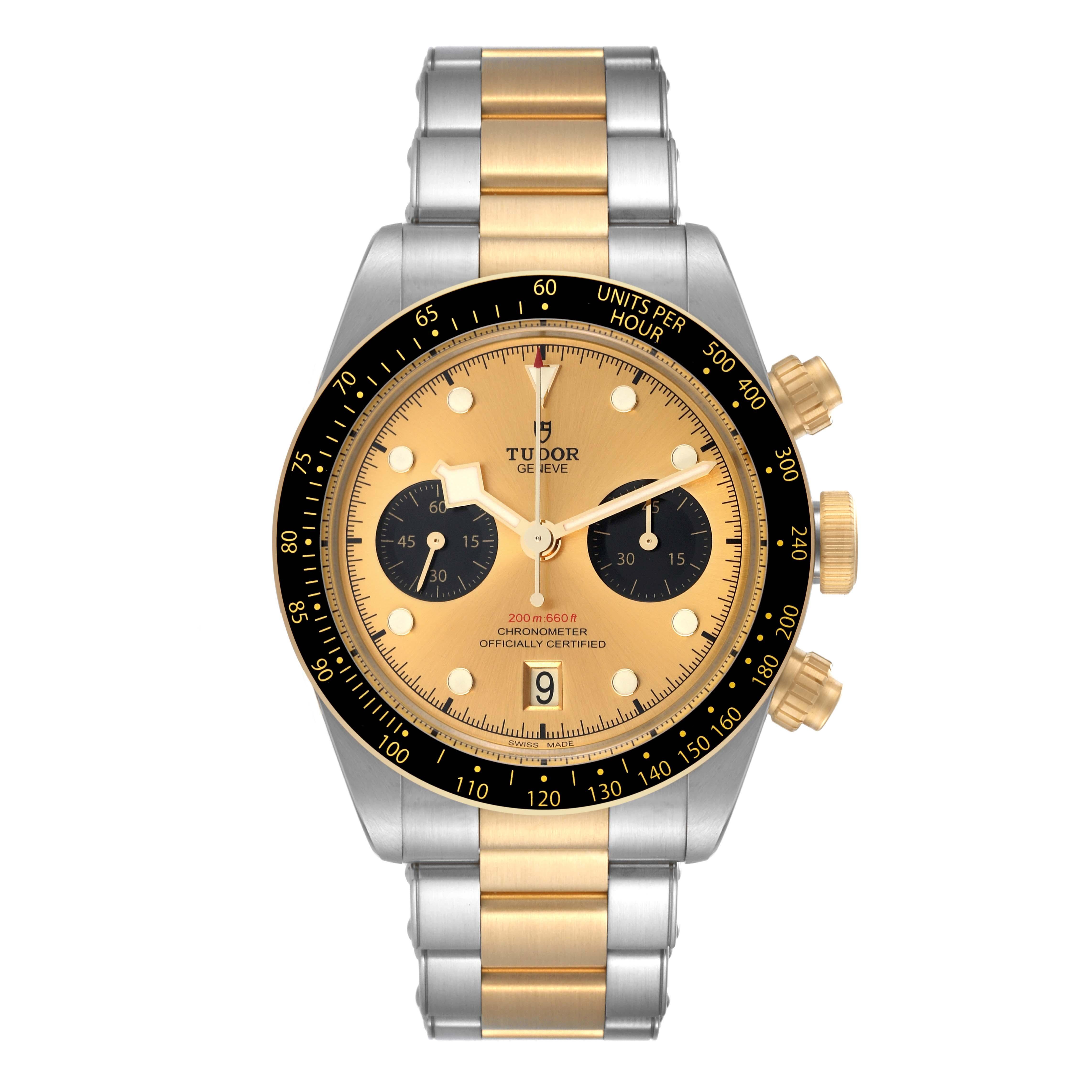 Tudor Heritage Black Bay Steel Yellow Gold Mens Watch 79363 Box Card. Automatic self-winding movement. Stainless steel and 18K yellow gold oyster case 41 mm in diameter. Tudor logo on a crown. 18k yellow gold bezel with a black anodised aluminium