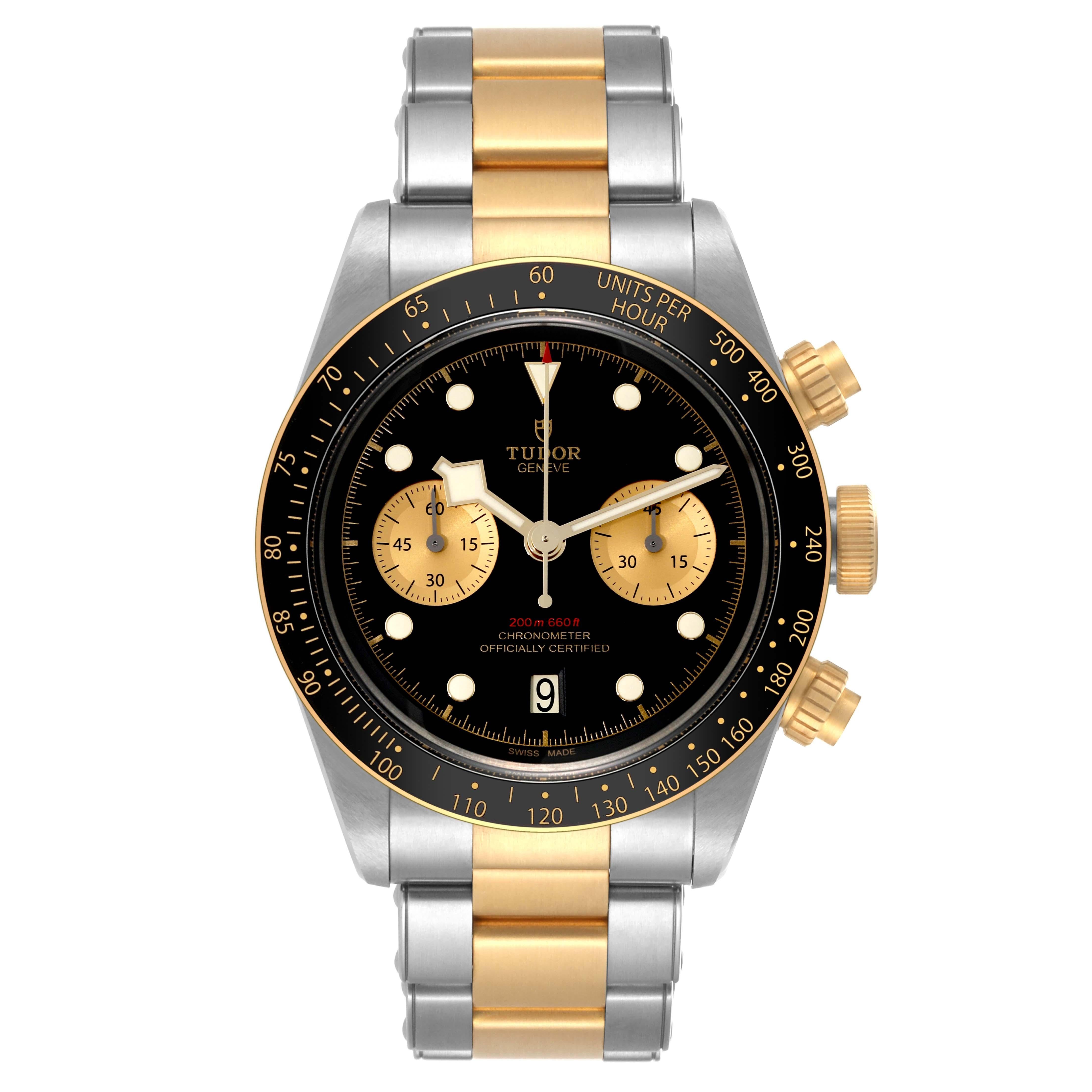 Tudor Heritage Black Bay Steel Yellow Gold Mens Watch 79363 Box Card. Automatic self-winding movement. Stainless steel and 18K yellow gold oyster case 41 mm in diameter. Tudor logo on a crown. 18k yellow gold bezel with a black anodised aluminium
