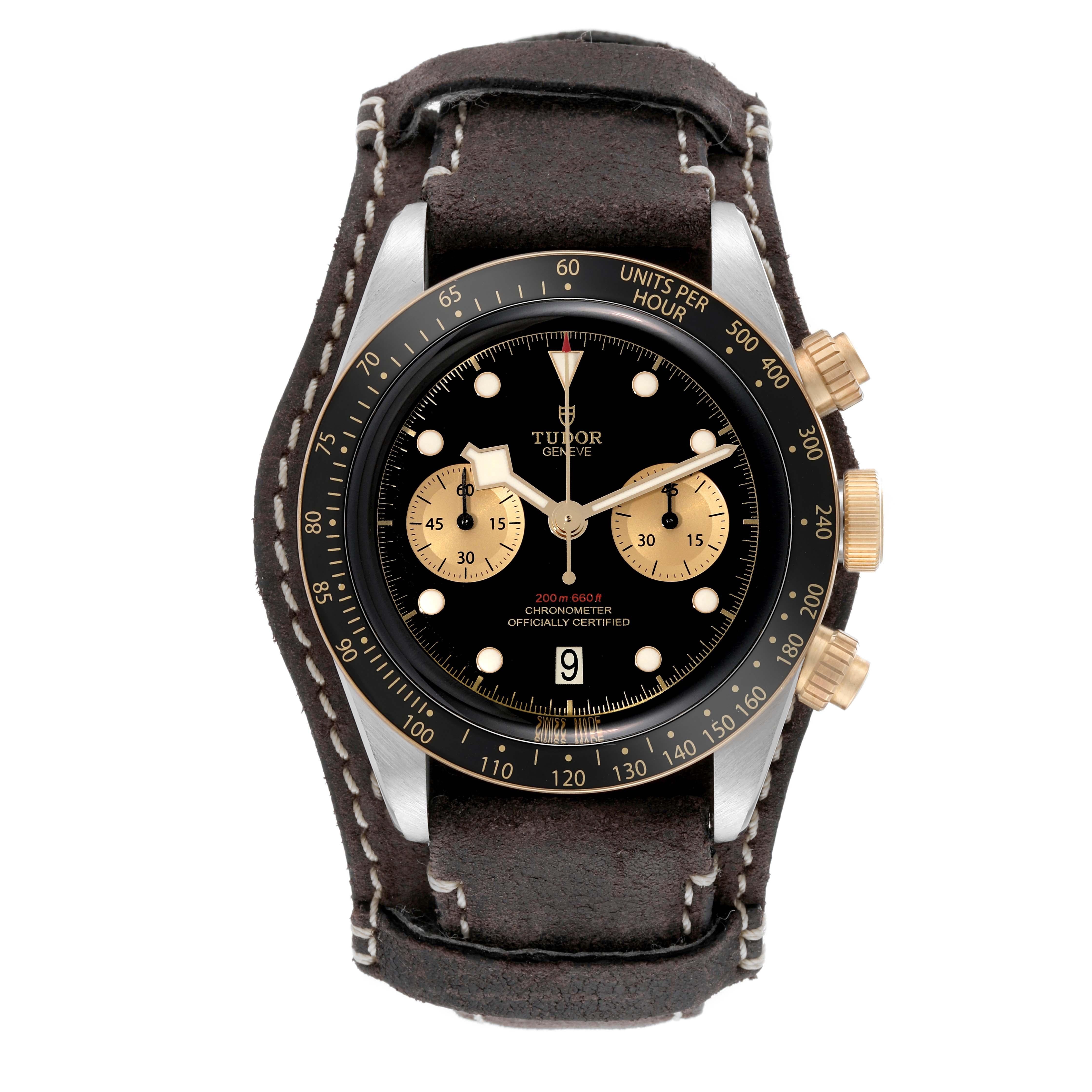 Tudor Heritage Black Bay Steel Yellow Gold Mens Watch 79363 Box Card. Automatic self-winding movement. Stainless steel and 18k yellow gold oyster case 41 mm in diameter. Tudor logo on crown. 18k yellow gold bezel with a black anodised aluminium ring