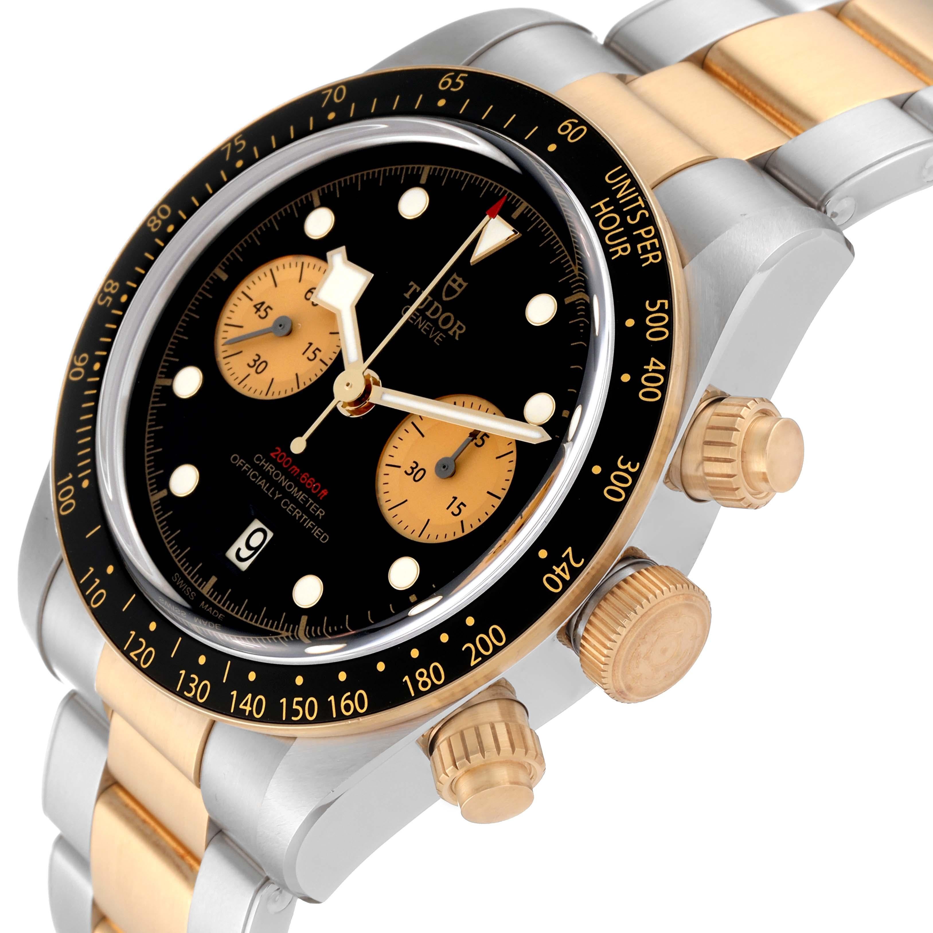 Tudor Heritage Black Bay Steel Yellow Gold Mens Watch 79363 Box Card. Automatic self-winding movement. Stainless steel and 18k yellow gold oyster case 41 mm in diameter. Tudor logo on a crown. 18k yellow gold bezel with a black anodised aluminium